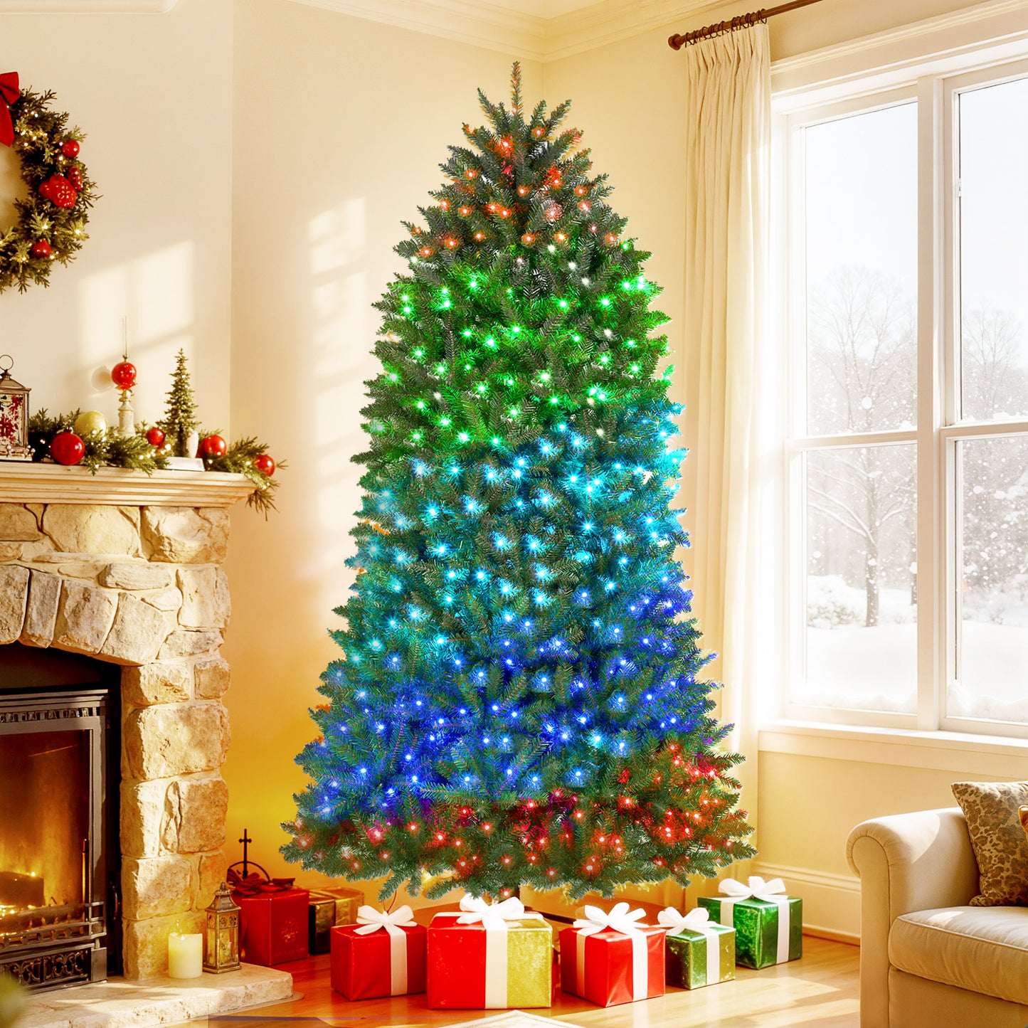 Prelit Christmas tree with full spectrum multicolor LED lights in cozy living room with fireplace and wrapped gifts