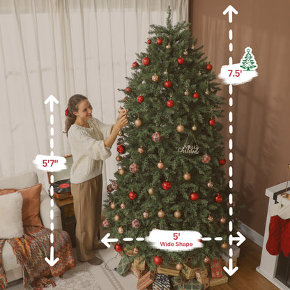 Woman decorating 7.5 ft wide Christmas tree with red and gold ornaments in cozy living room