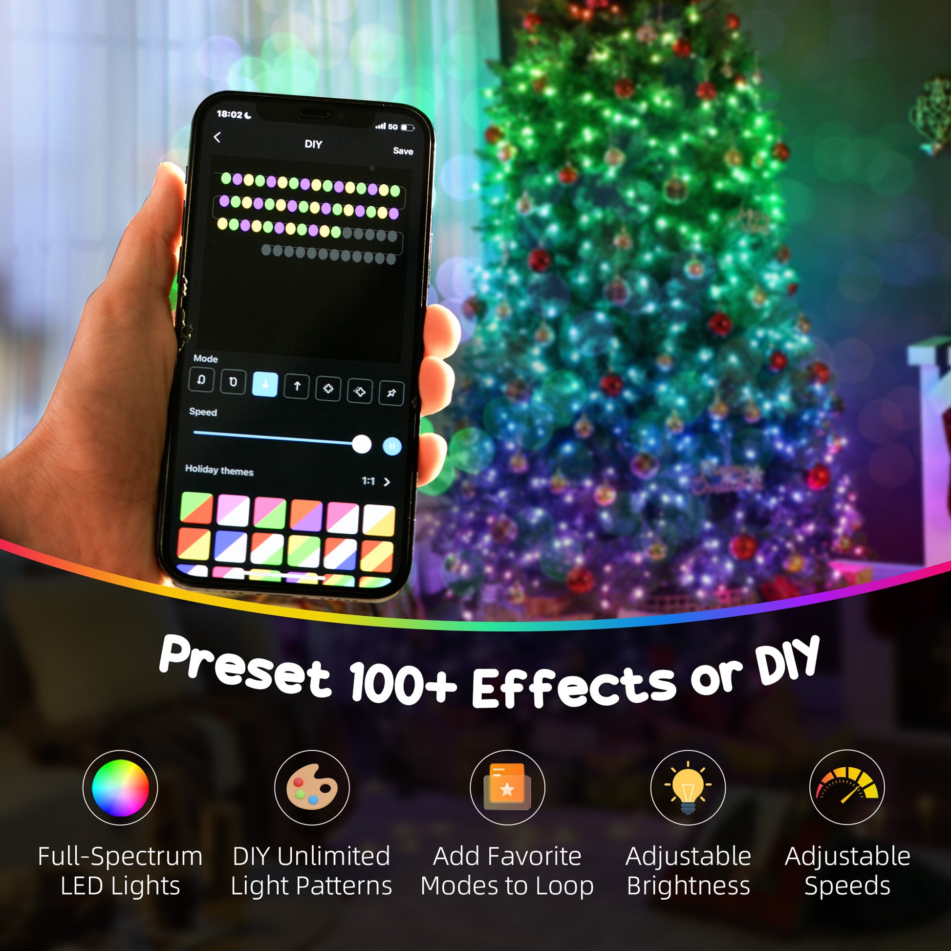 Hand holding smartphone app controlling a Christmas tree with full-spectrum LED lights and customizable effects