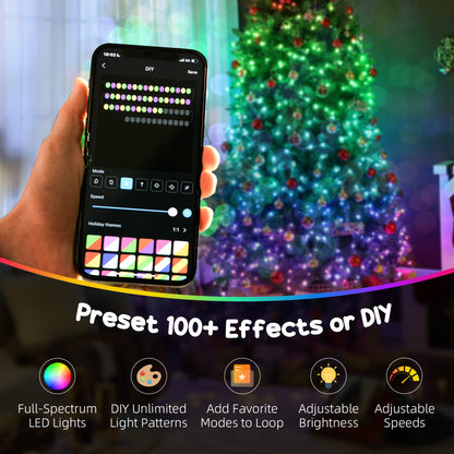 Hand holding smartphone app controlling a Christmas tree with full-spectrum LED lights and customizable effects