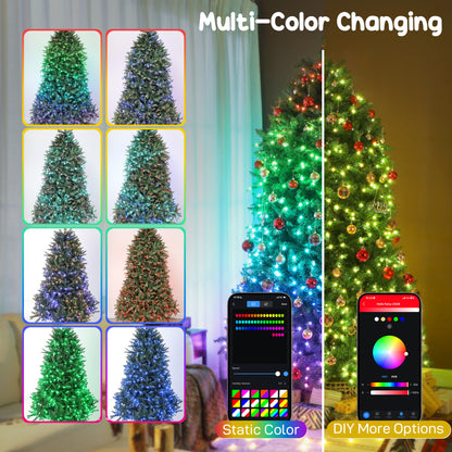 Christmas tree with multi-color changing LED lights, red and gold ornaments, smart control apps shown