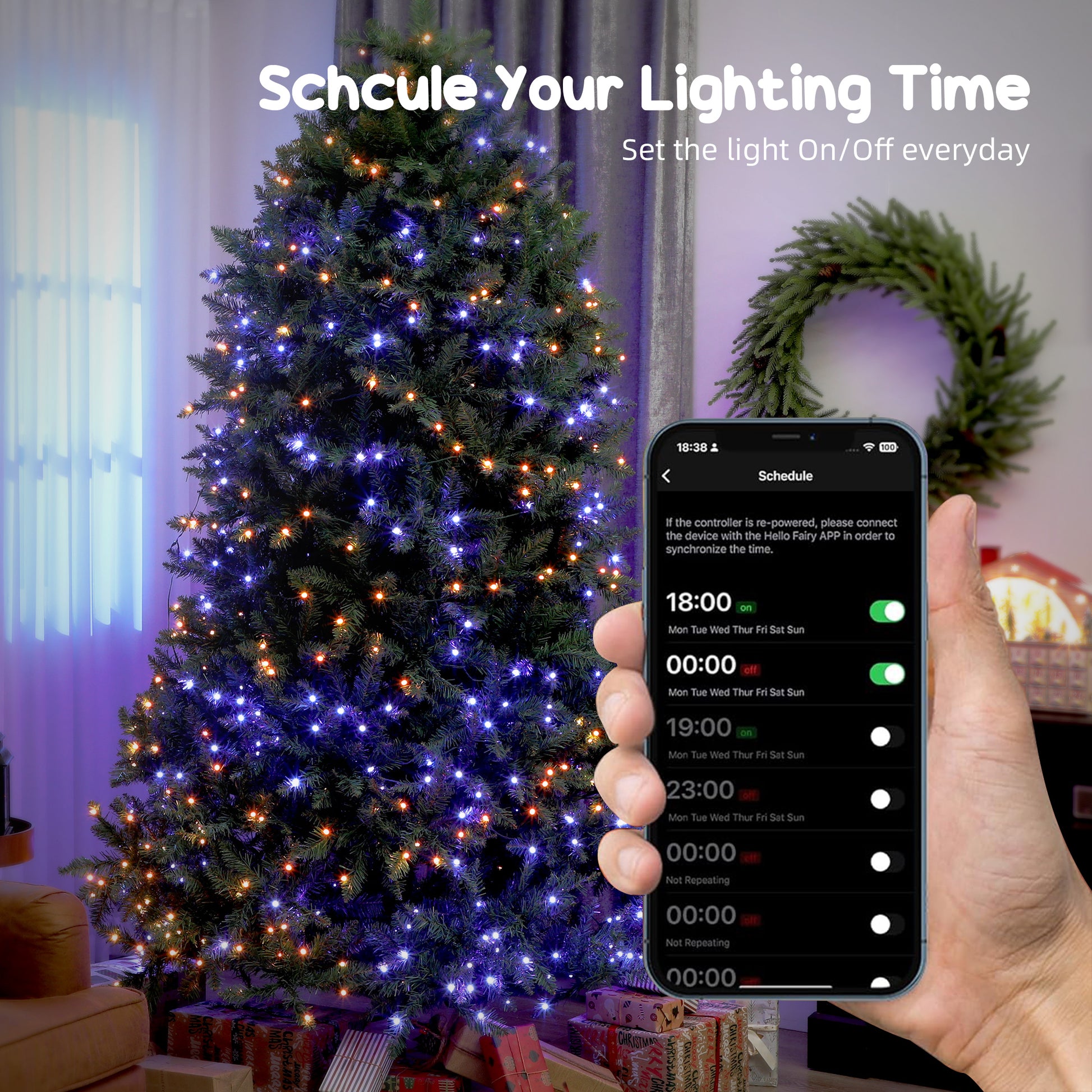 Prelit Christmas tree with blue and orange LED lights controlled by smart app scheduling lighting on/off