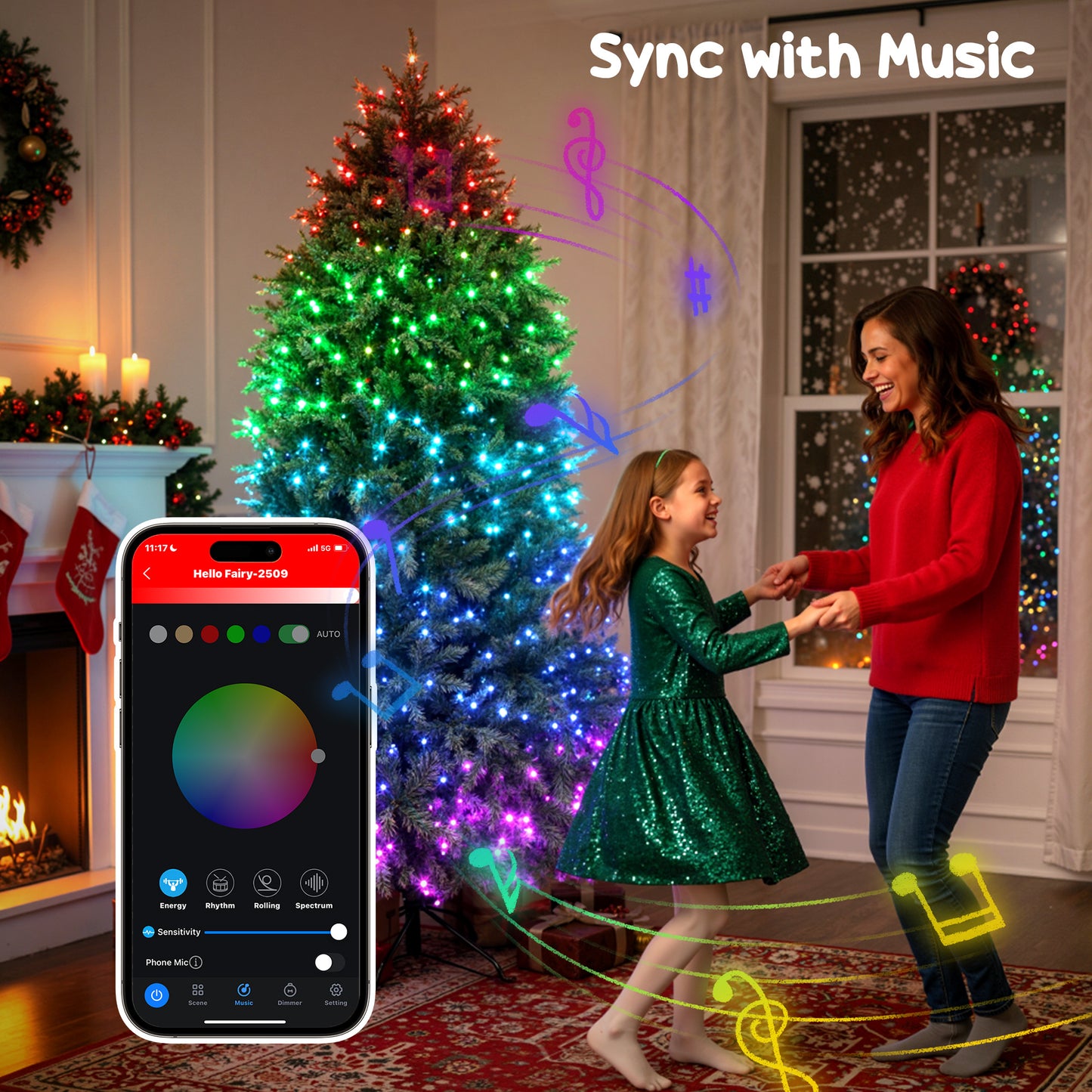 Mother and daughter dancing by rainbow LED prelit Christmas tree with smart app control