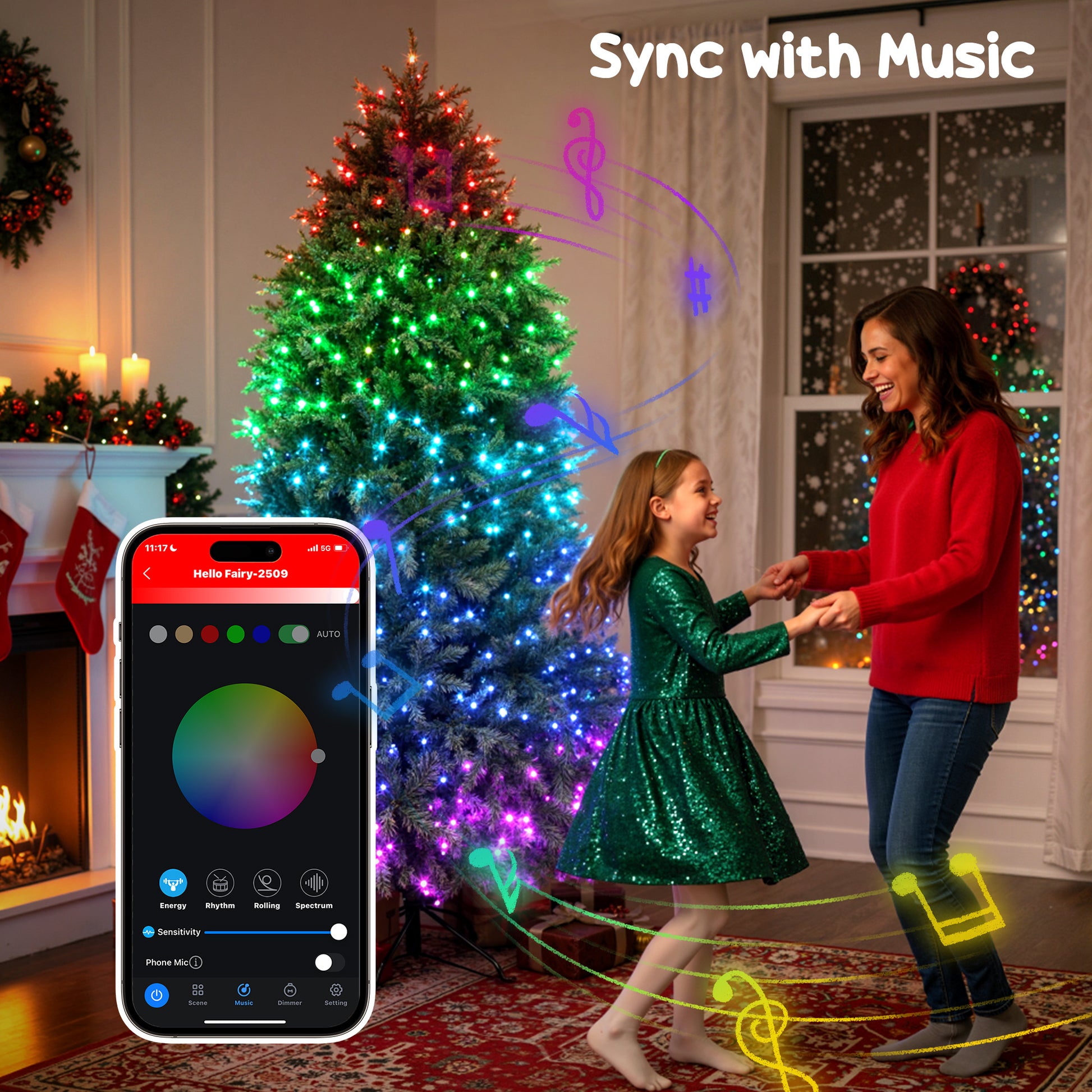 Mother and daughter dancing by rainbow LED prelit Christmas tree with smart app control