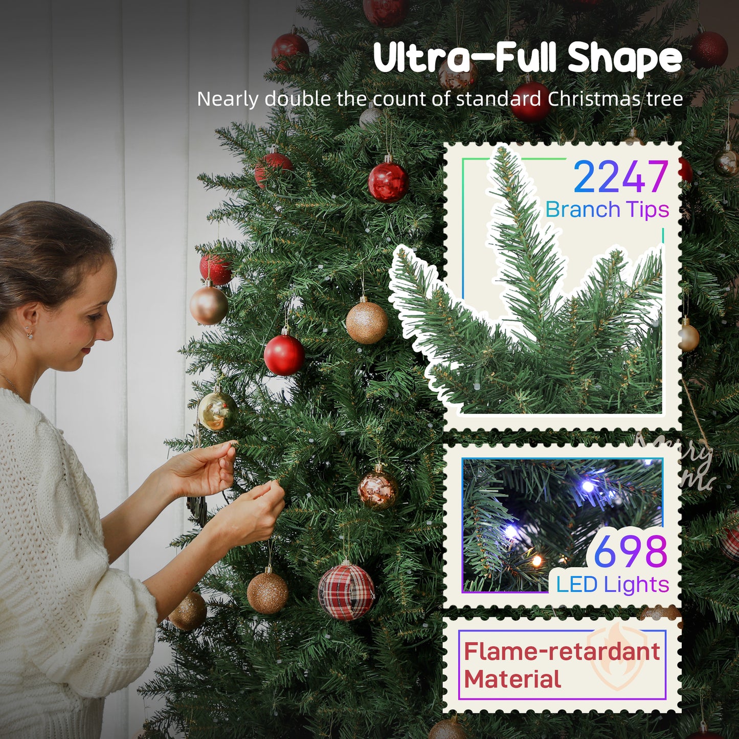 Woman decorating ultra-full shape Christmas tree with 2247 branch tips, 698 LED lights, flame-retardant