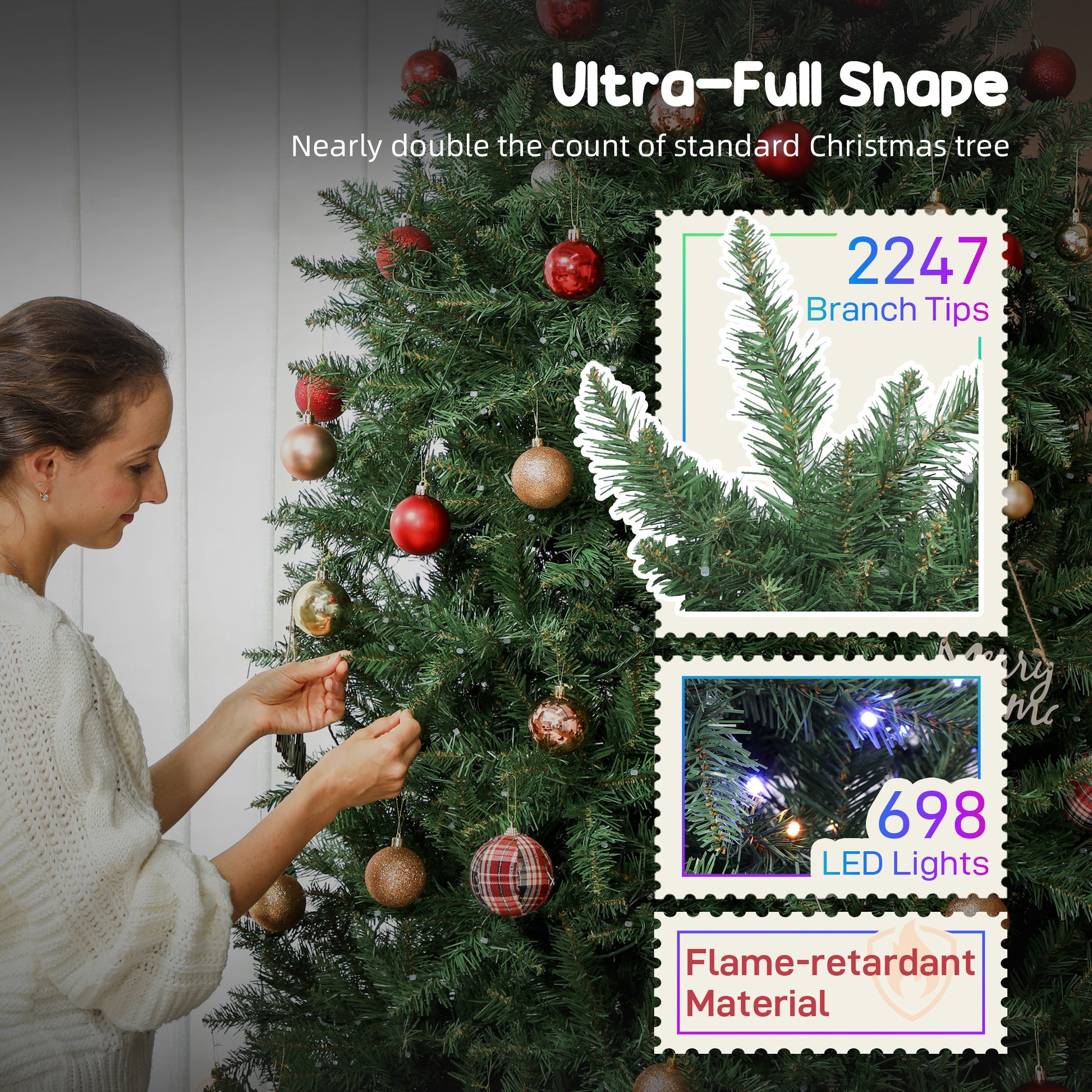Woman decorating ultra-full shape Christmas tree with 2247 branch tips, 698 LED lights, flame-retardant
