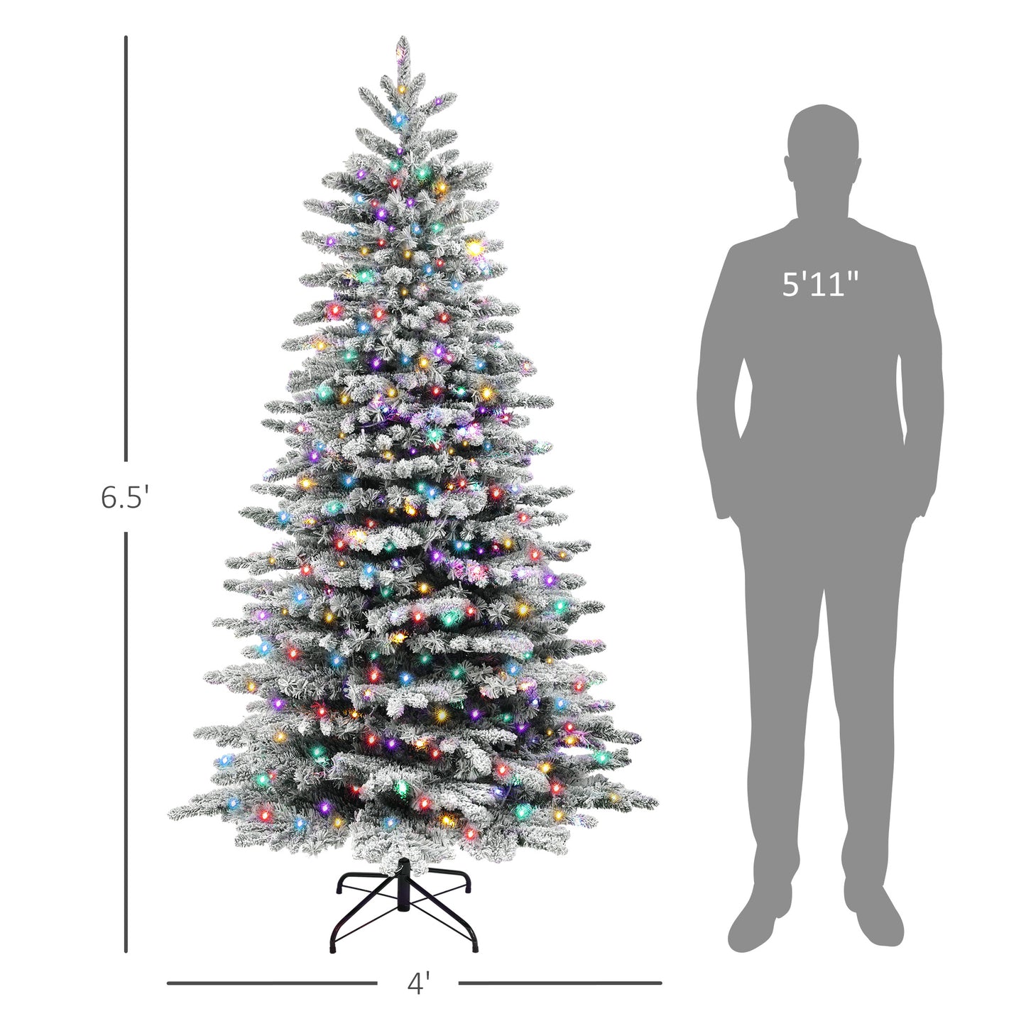 6.5ft snow flocked Christmas tree with multicolor LED lights and metal stand next to 5'11" silhouette
