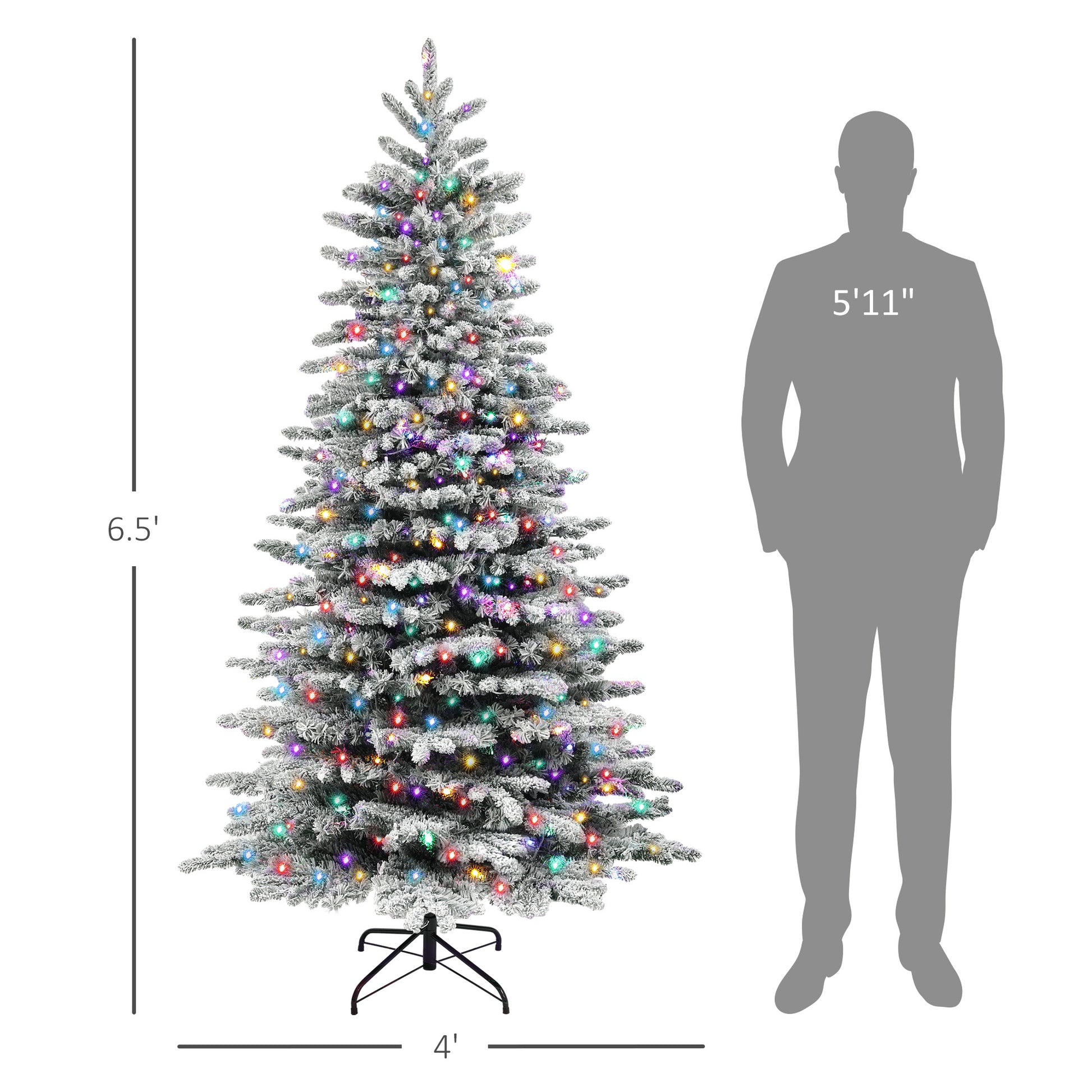6.5ft snow flocked Christmas tree with multicolor LED lights and metal stand next to 5'11" silhouette