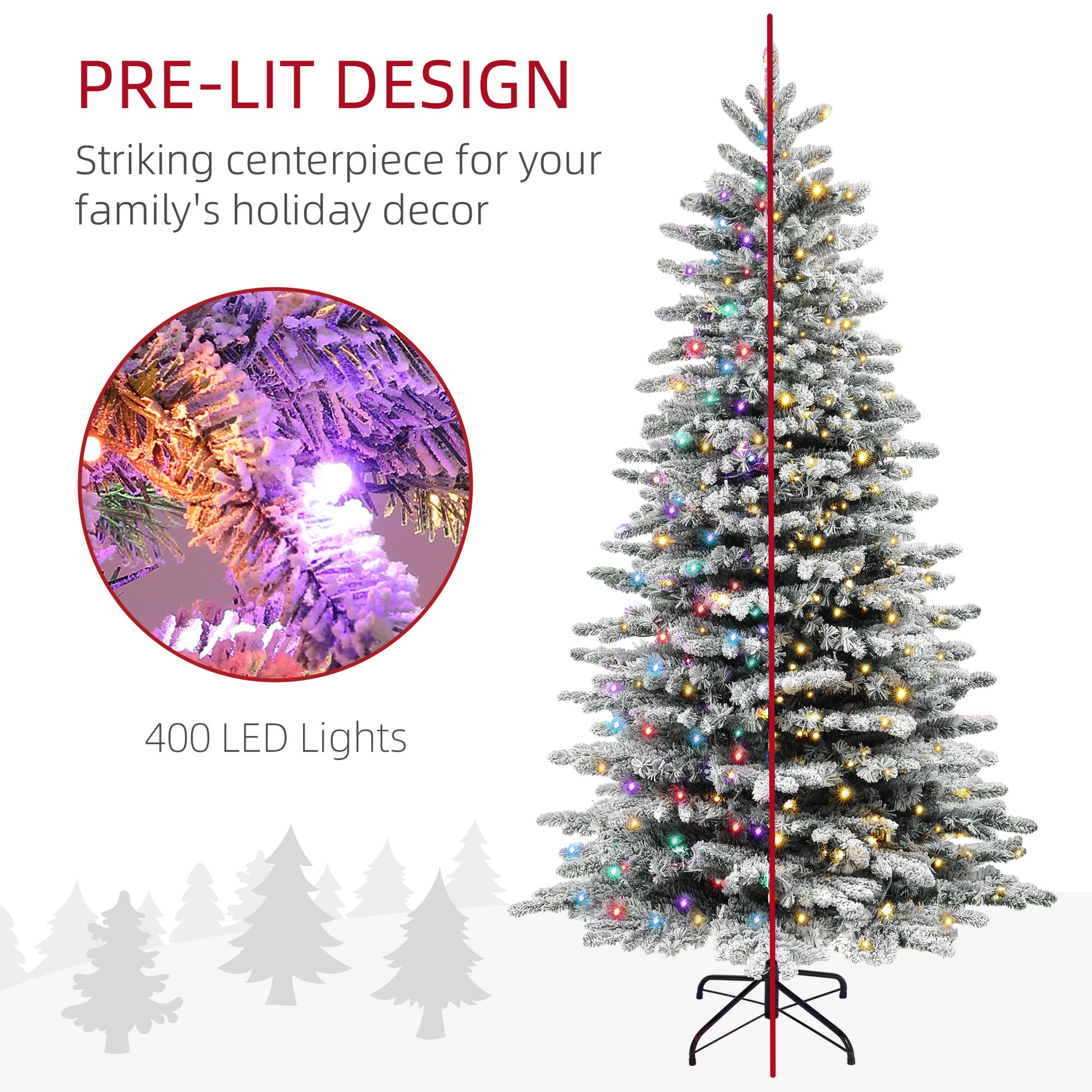 Pre-lit snow flocked Christmas tree with 400 multicolor LED lights and metal stand