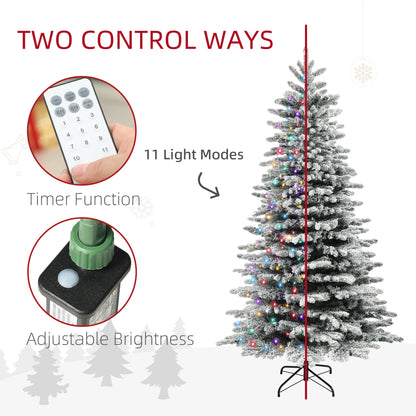 6.5ft snow flocked Christmas tree with multicolor LED lights, remote control, timer, and adjustable brightness