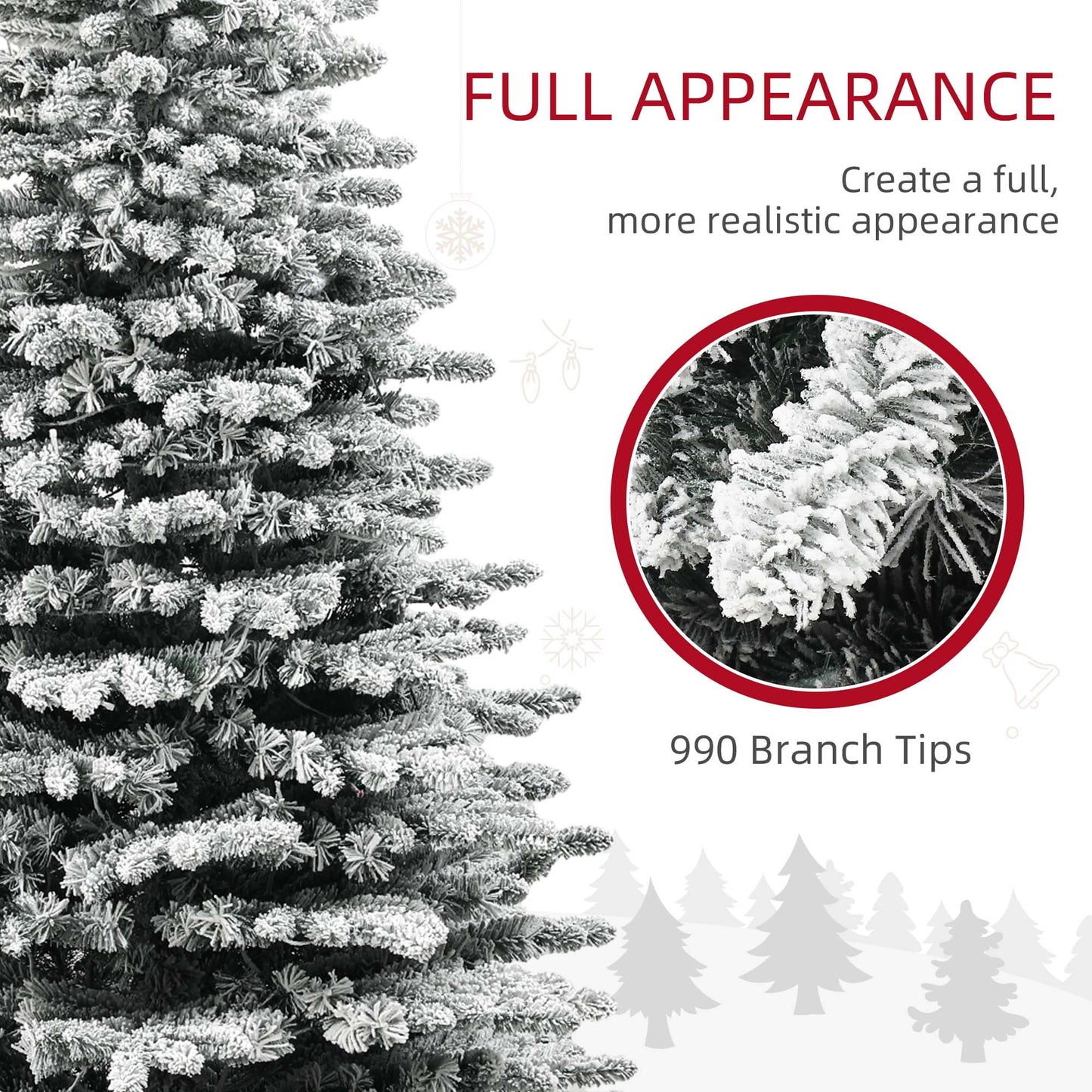 Snow flocked artificial Christmas tree with full branch tips for realistic appearance