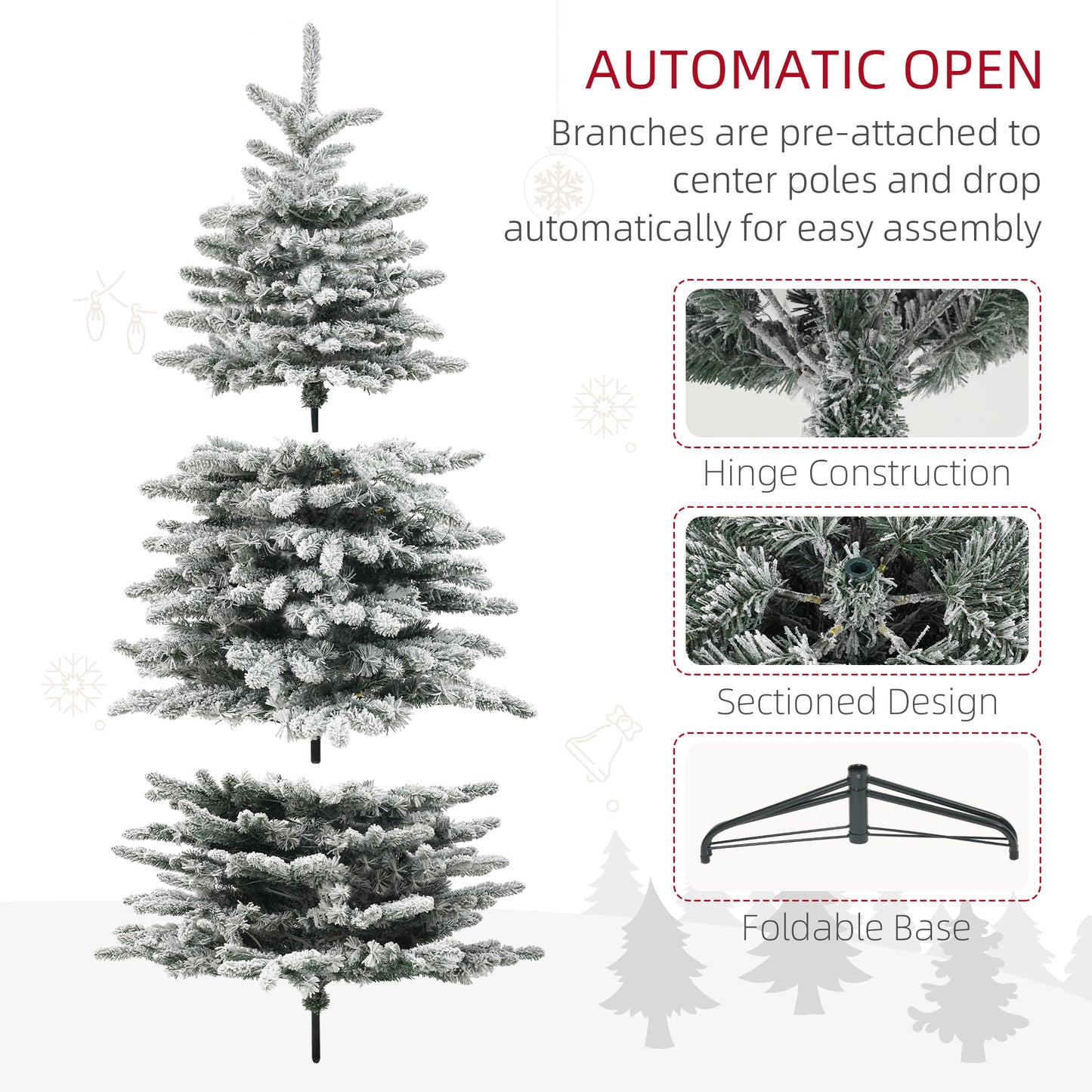 Snow flocked artificial Christmas tree with automatic open branches and foldable base