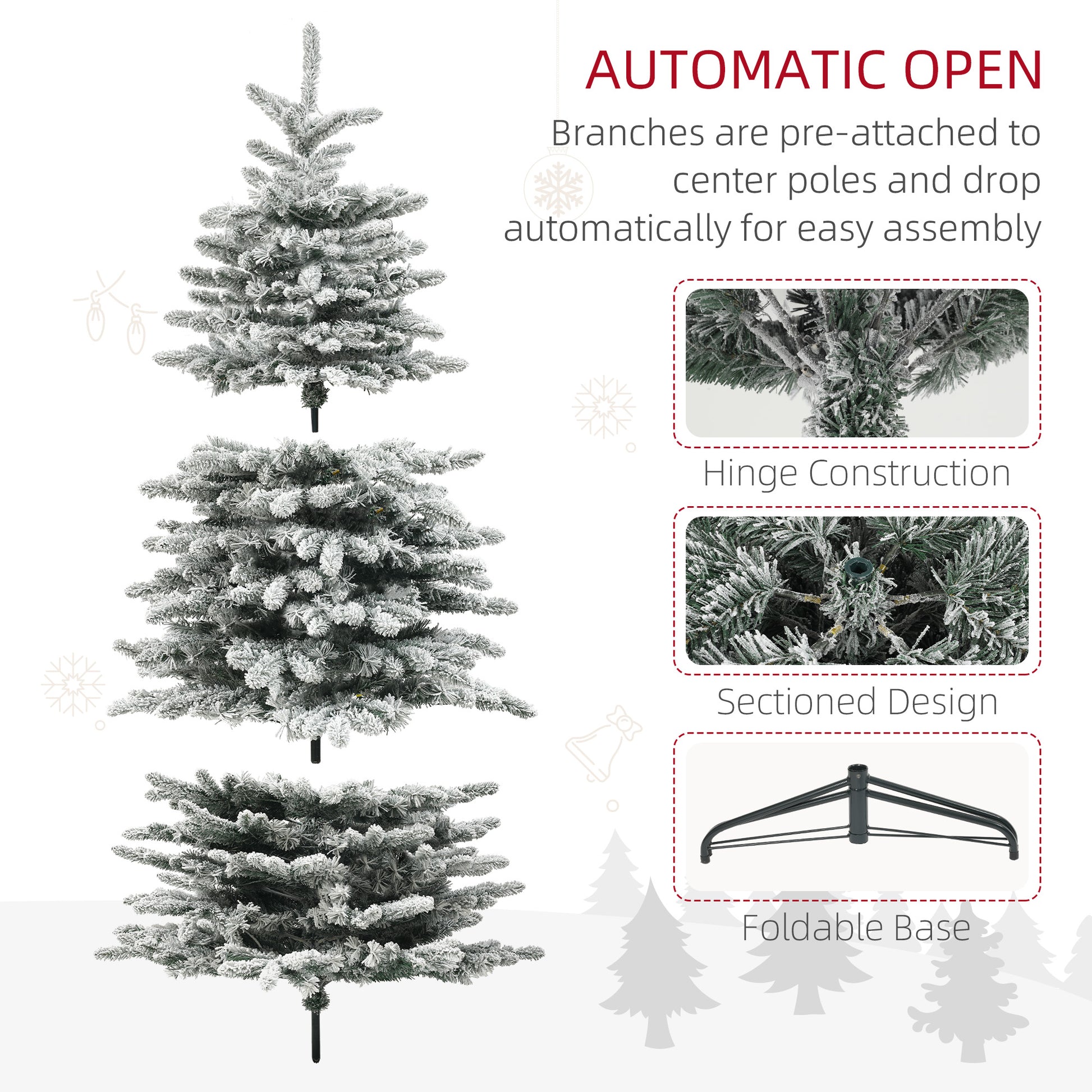 Snow flocked artificial Christmas tree with automatic open branches and foldable base