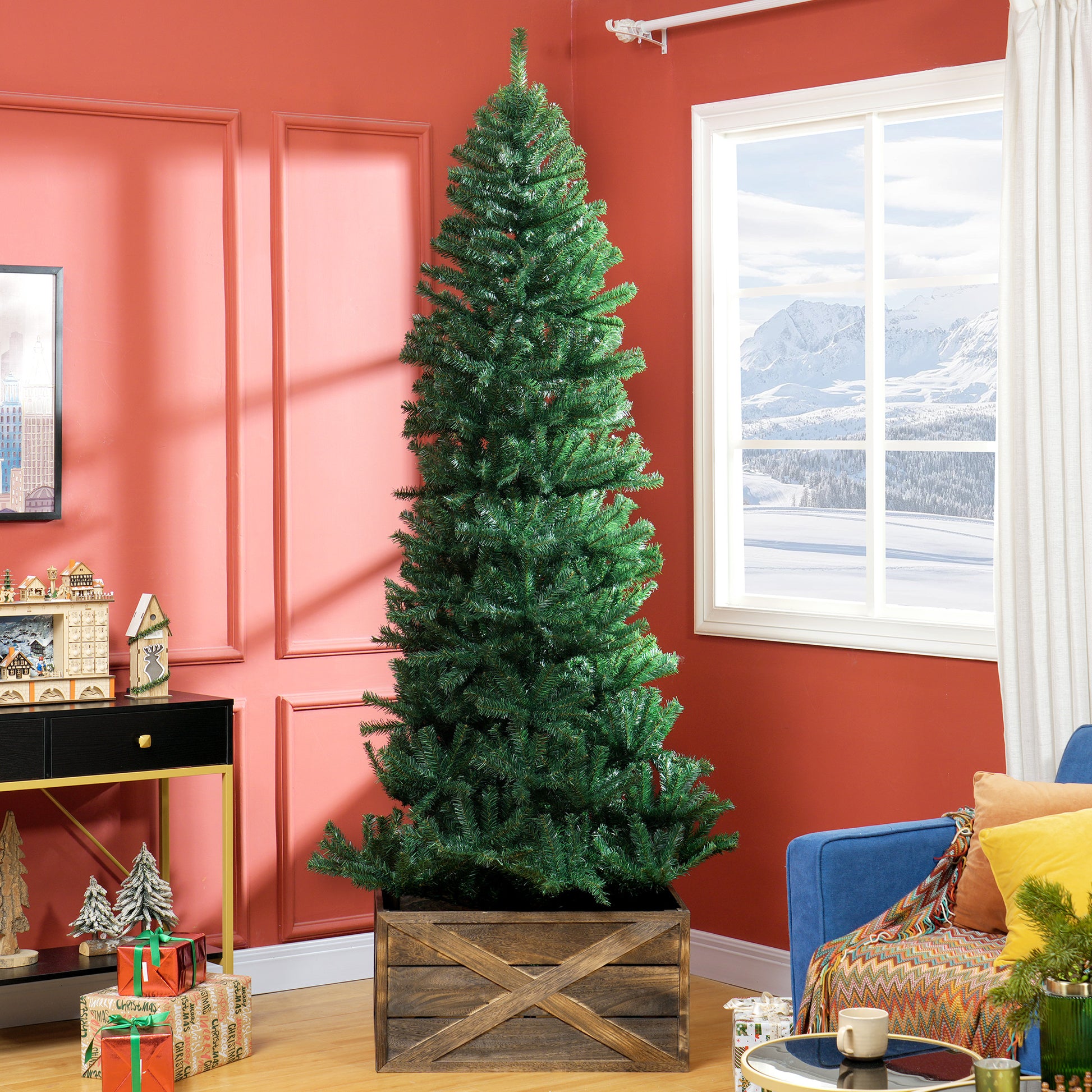 7ft green artificial Christmas tree in wooden box stand against red wall in cozy living room