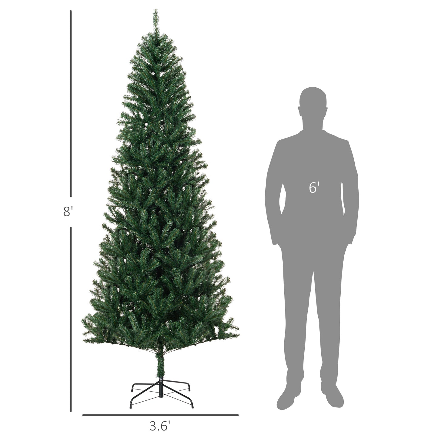 8ft tall artificial Christmas tree with green pine needles and metal stand next to 6ft human silhouette