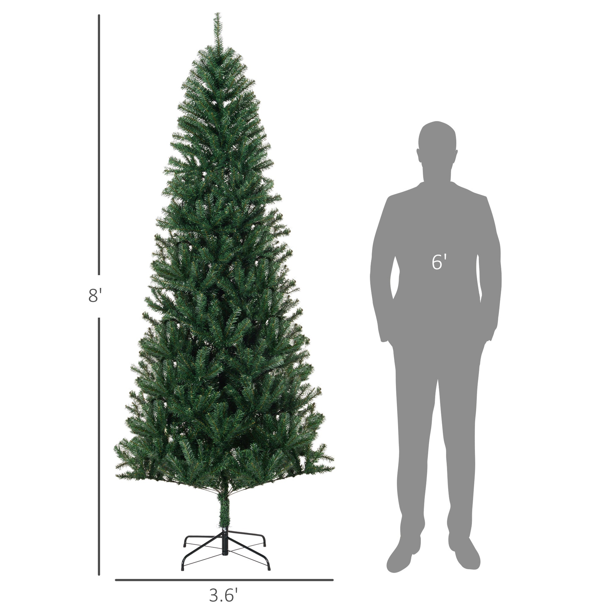 8ft tall artificial Christmas tree with green pine needles and metal stand next to 6ft human silhouette