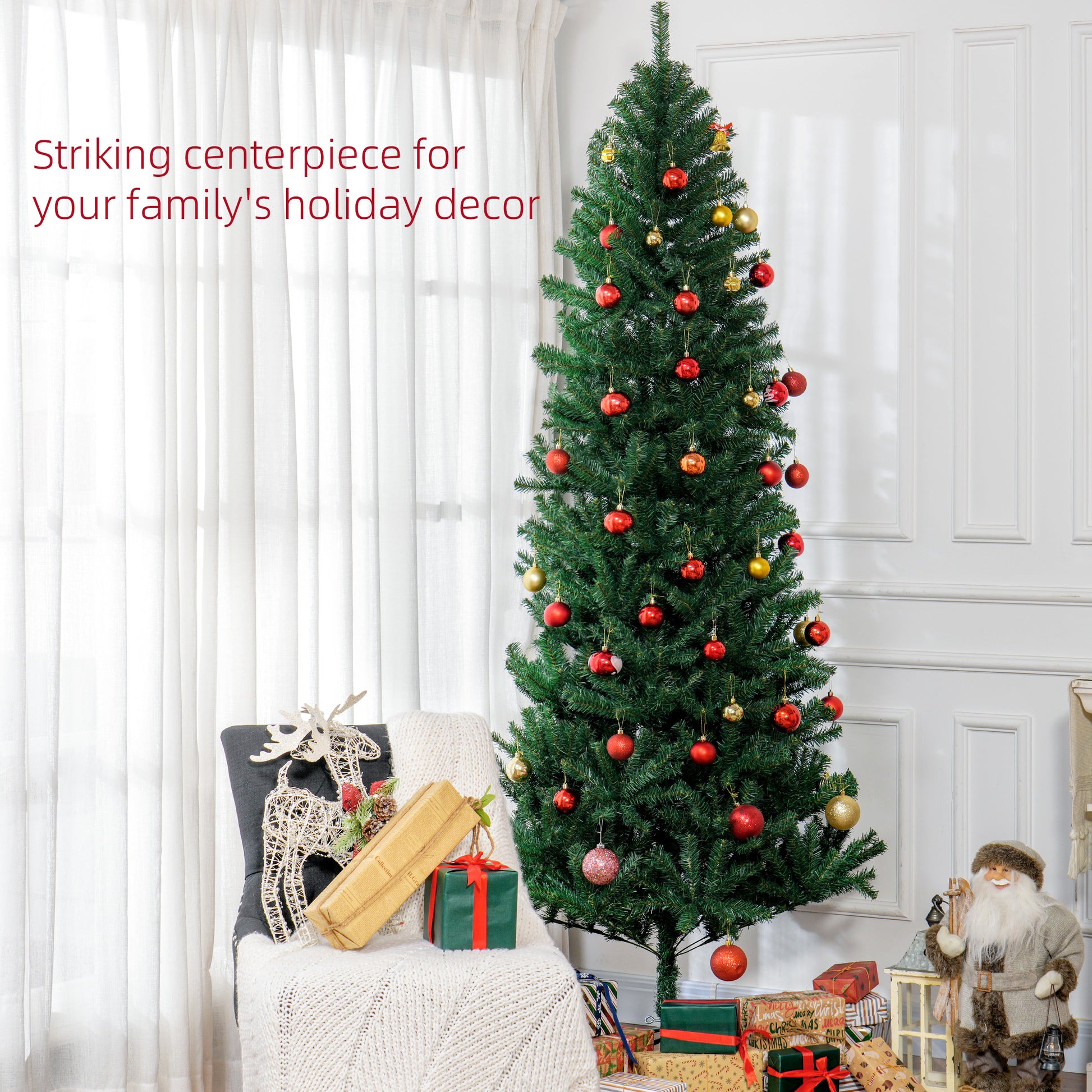 Unlit artificial Christmas tree decorated with red and gold baubles in bright living room with gifts and holiday decor