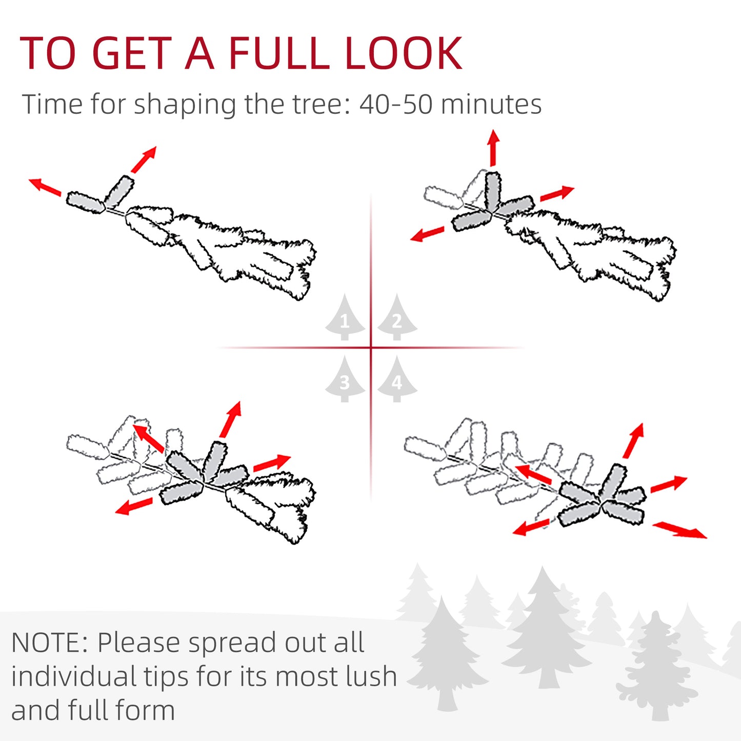 Diagram showing four steps to shape artificial Christmas tree branches with red arrows spreading tips for full lush look