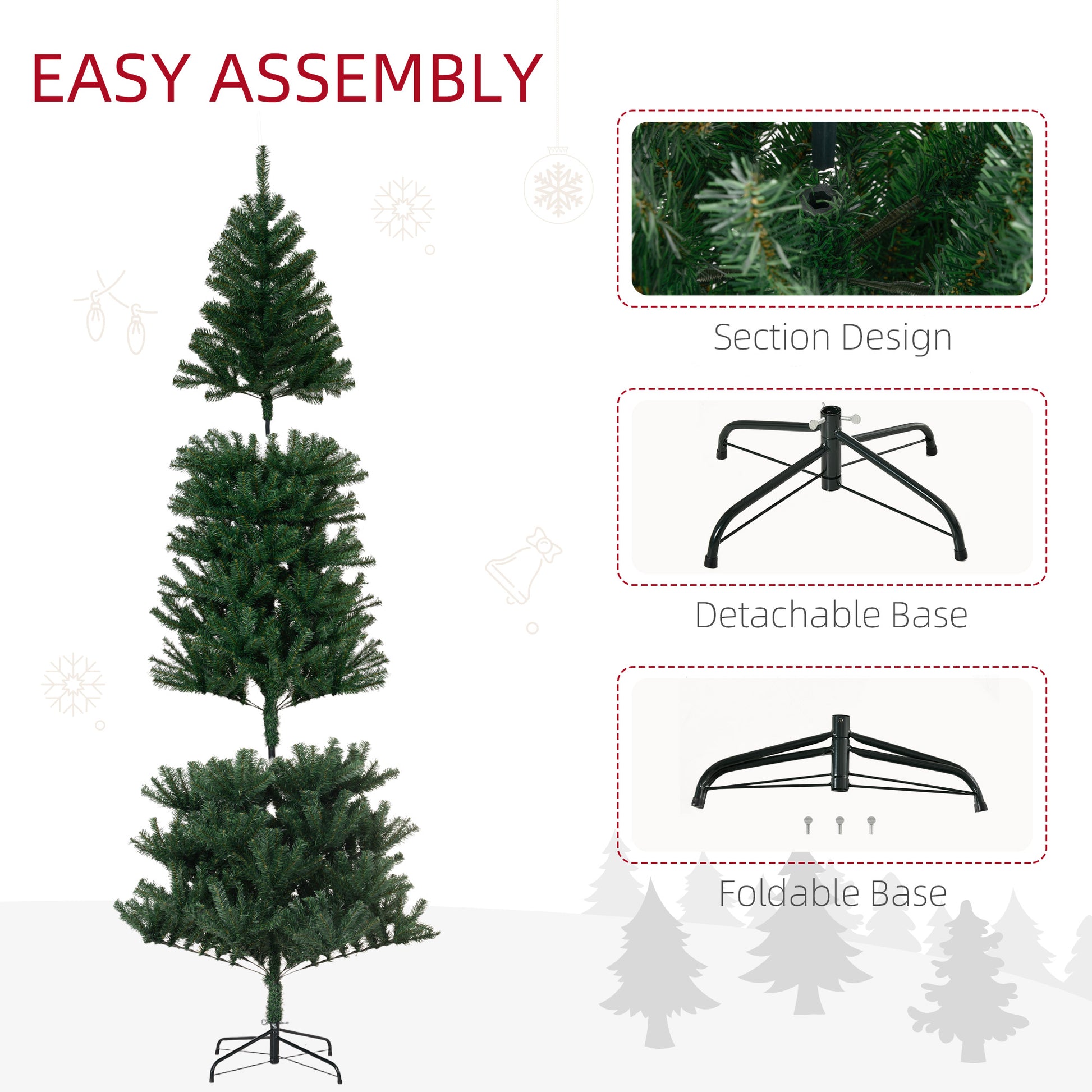 7ft artificial Christmas tree with detachable and foldable metal base, easy assembly design