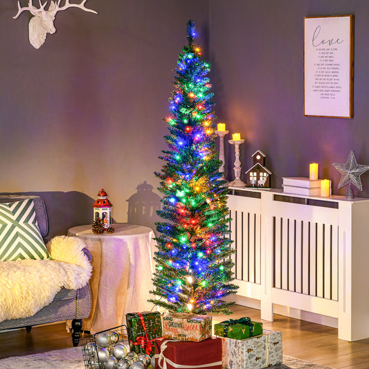 Slim 6ft pencil Christmas tree with multi-colored LED lights in cozy living room setting with gifts