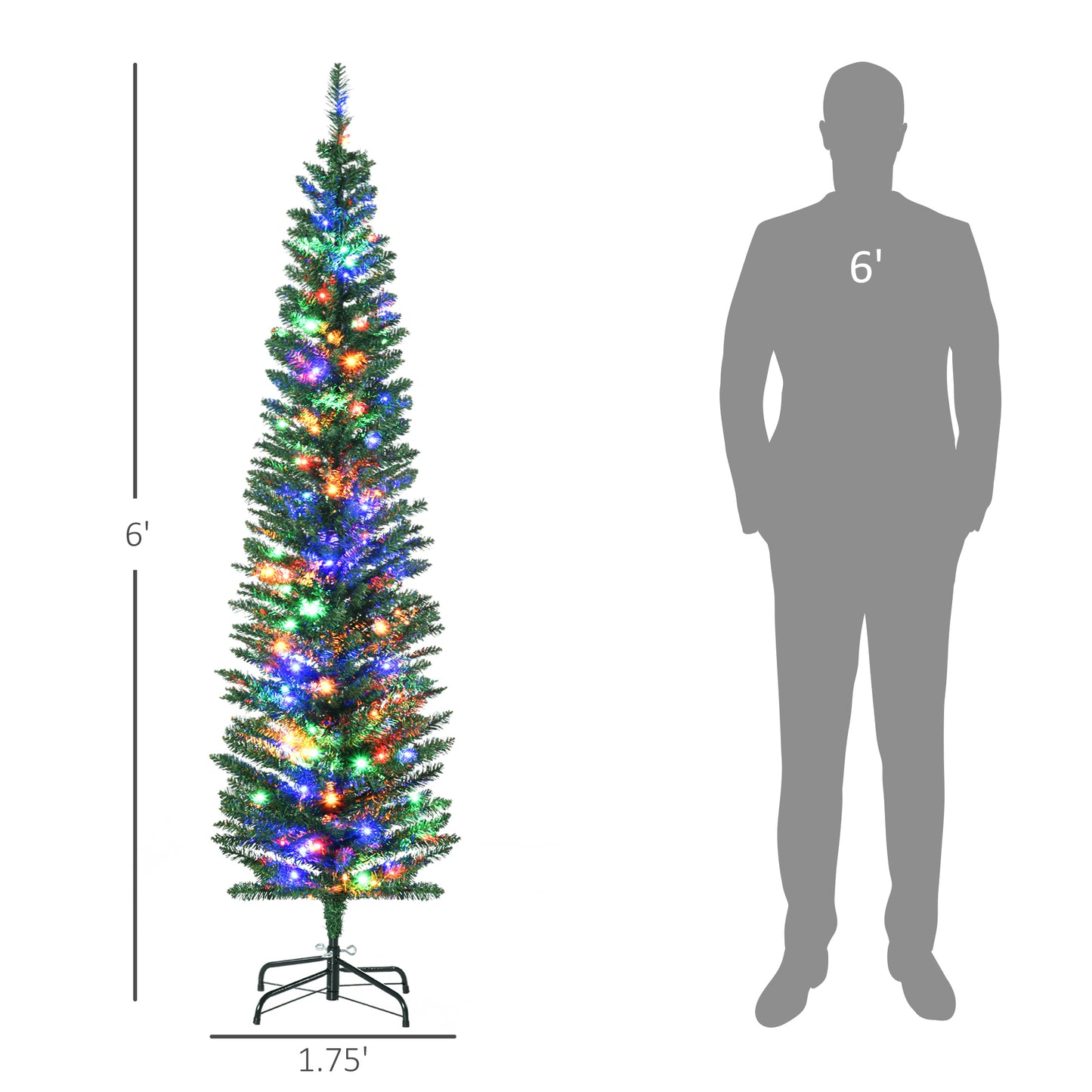 6ft slim artificial Christmas tree with multicolored LED lights and metal stand