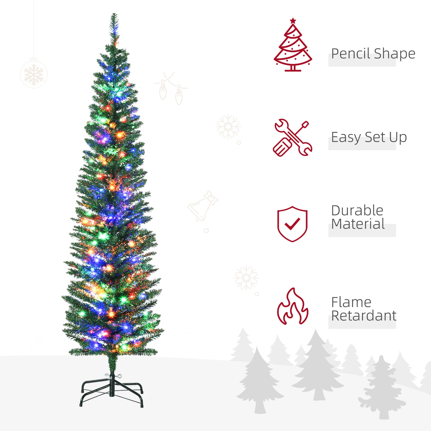 6ft slim pencil Christmas tree with multi-colored LED lights on metal stand