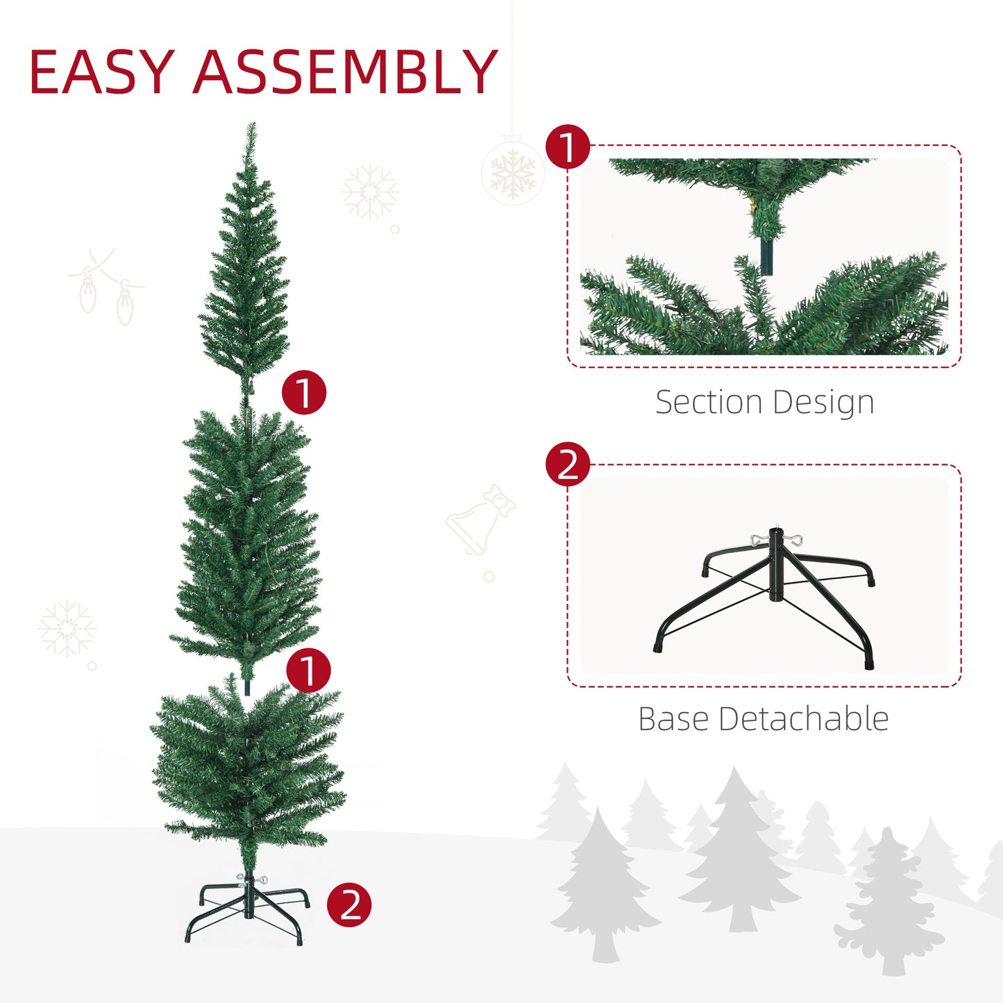 6ft slim pencil Christmas tree with detachable metal base and section design for easy assembly