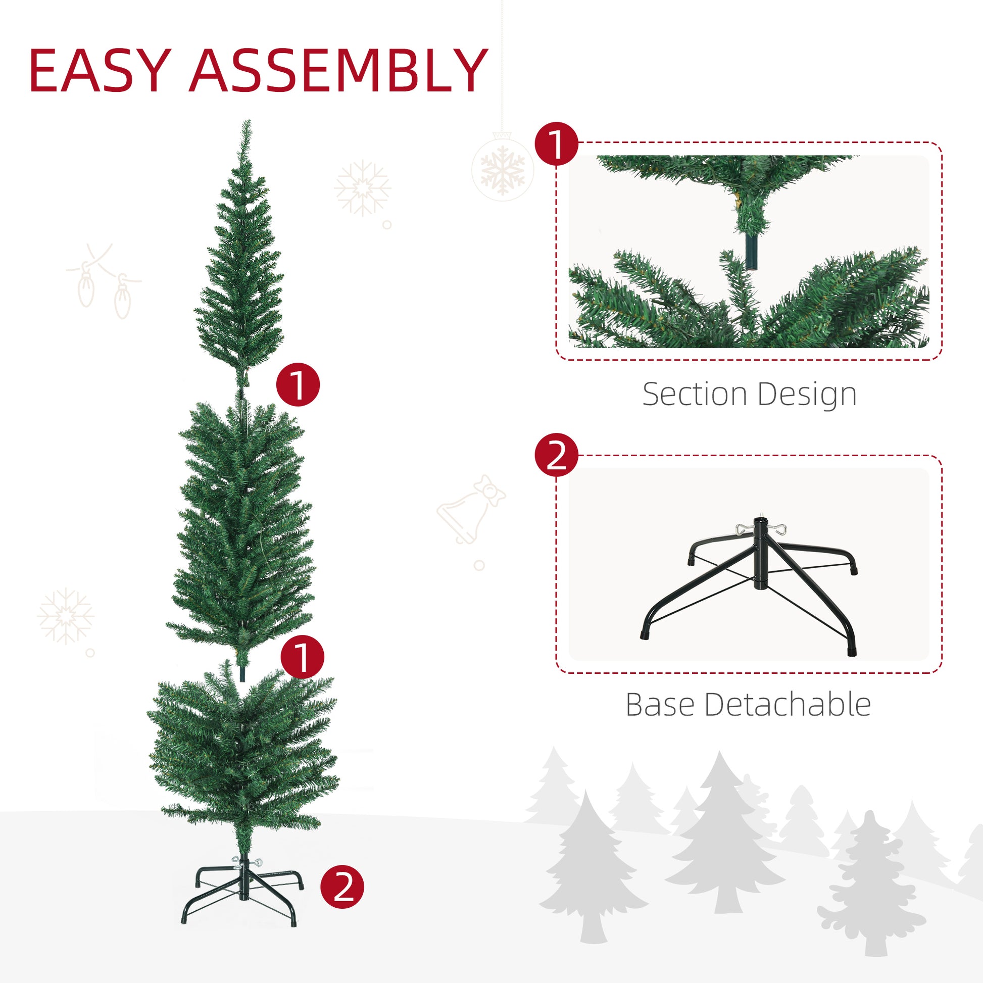 6ft slim pencil Christmas tree with detachable metal base and section design for easy assembly