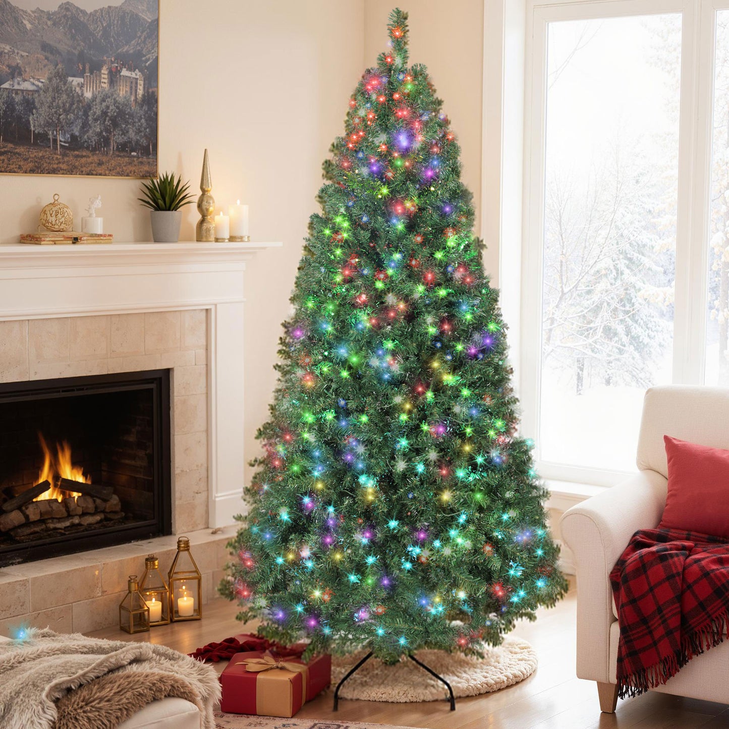 6ft artificial Christmas tree with multicolor LED lights in cozy living room by fireplace