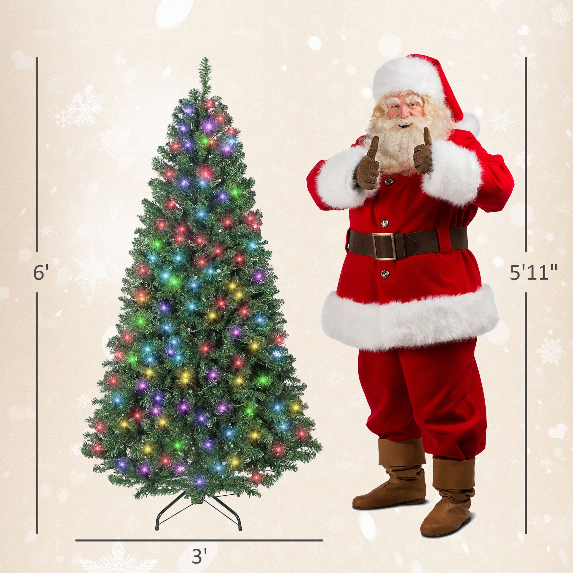 6ft artificial Christmas tree decorated with colorful LED lights, next to Santa Claus giving thumbs up
