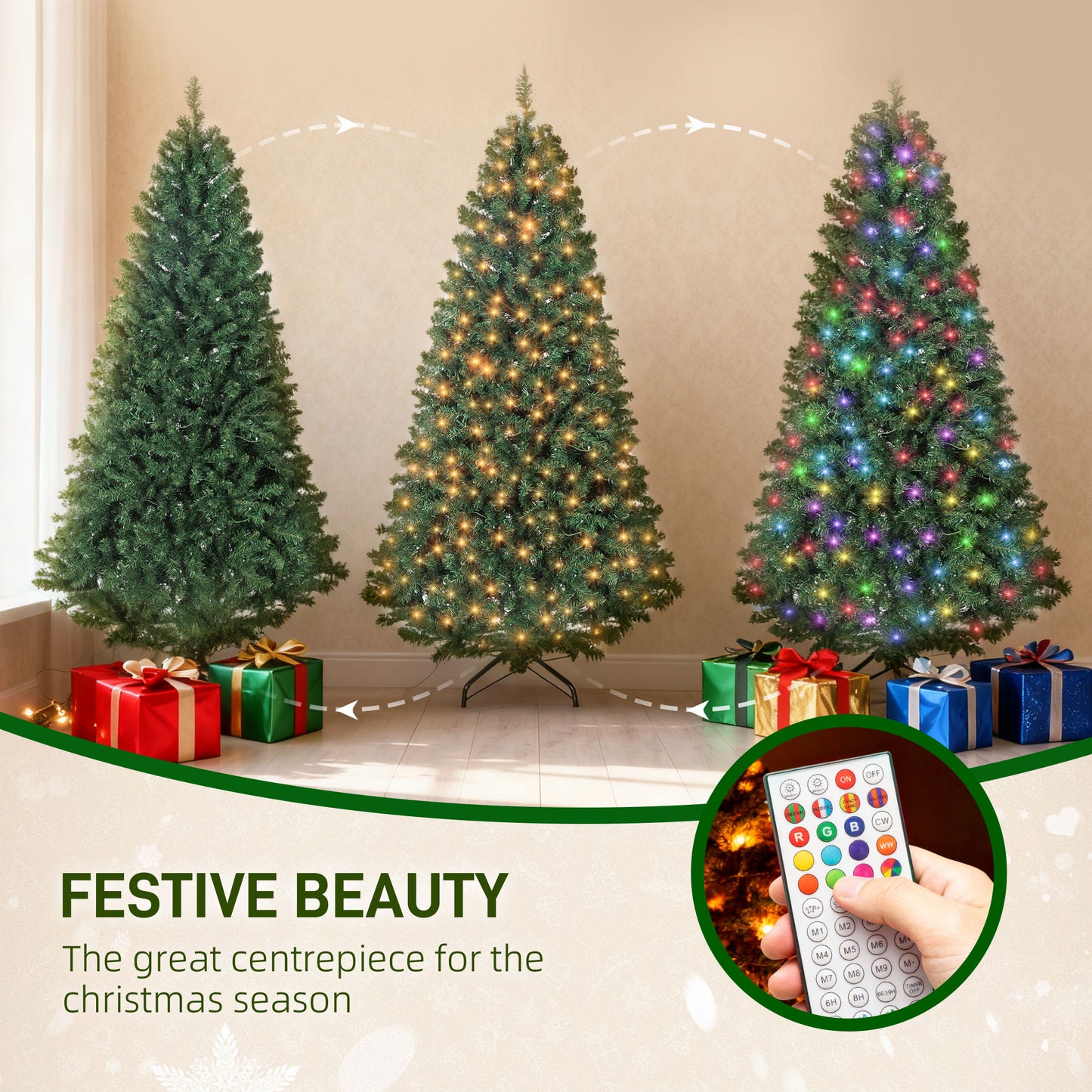 6ft artificial Christmas tree with remote-controlled white and multicolor LED lights and wrapped gifts