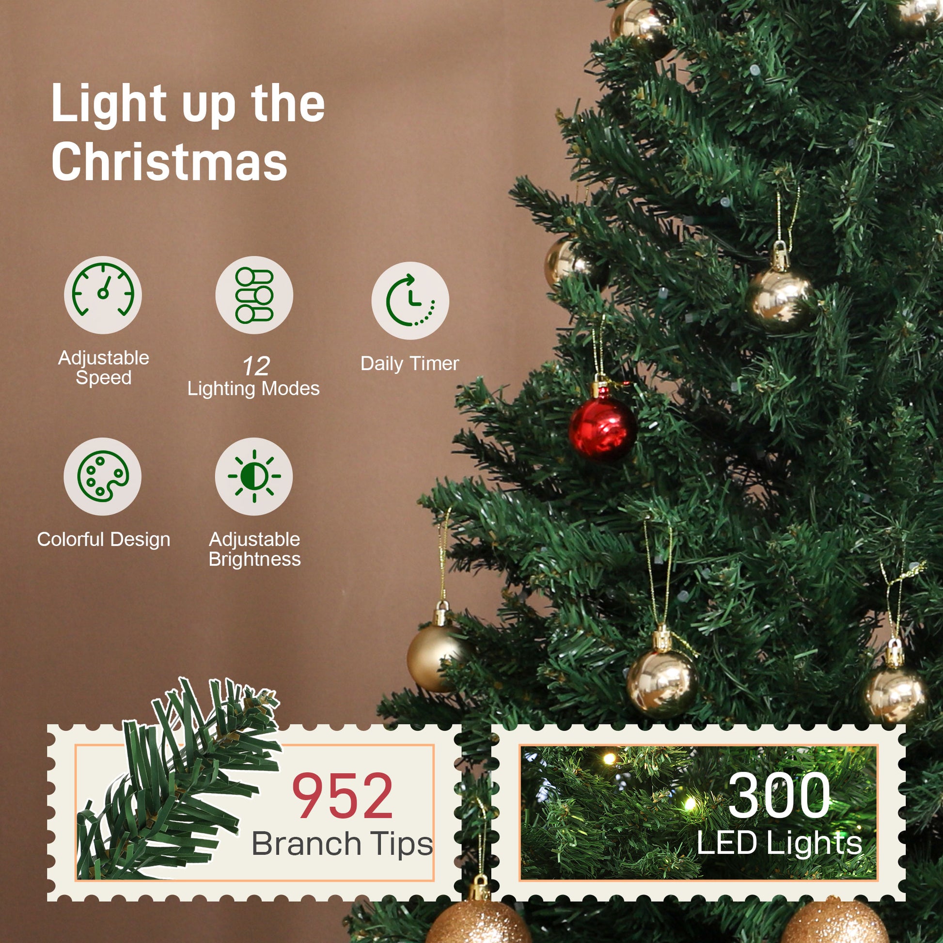 Green Christmas tree decorated with gold and red baubles, featuring 952 branch tips and 300 LED lights