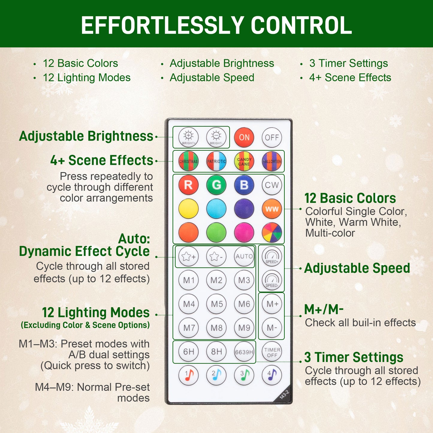 Remote control for 6ft prelit Christmas tree with 12 colors, lighting modes, brightness, speed, and timer settings