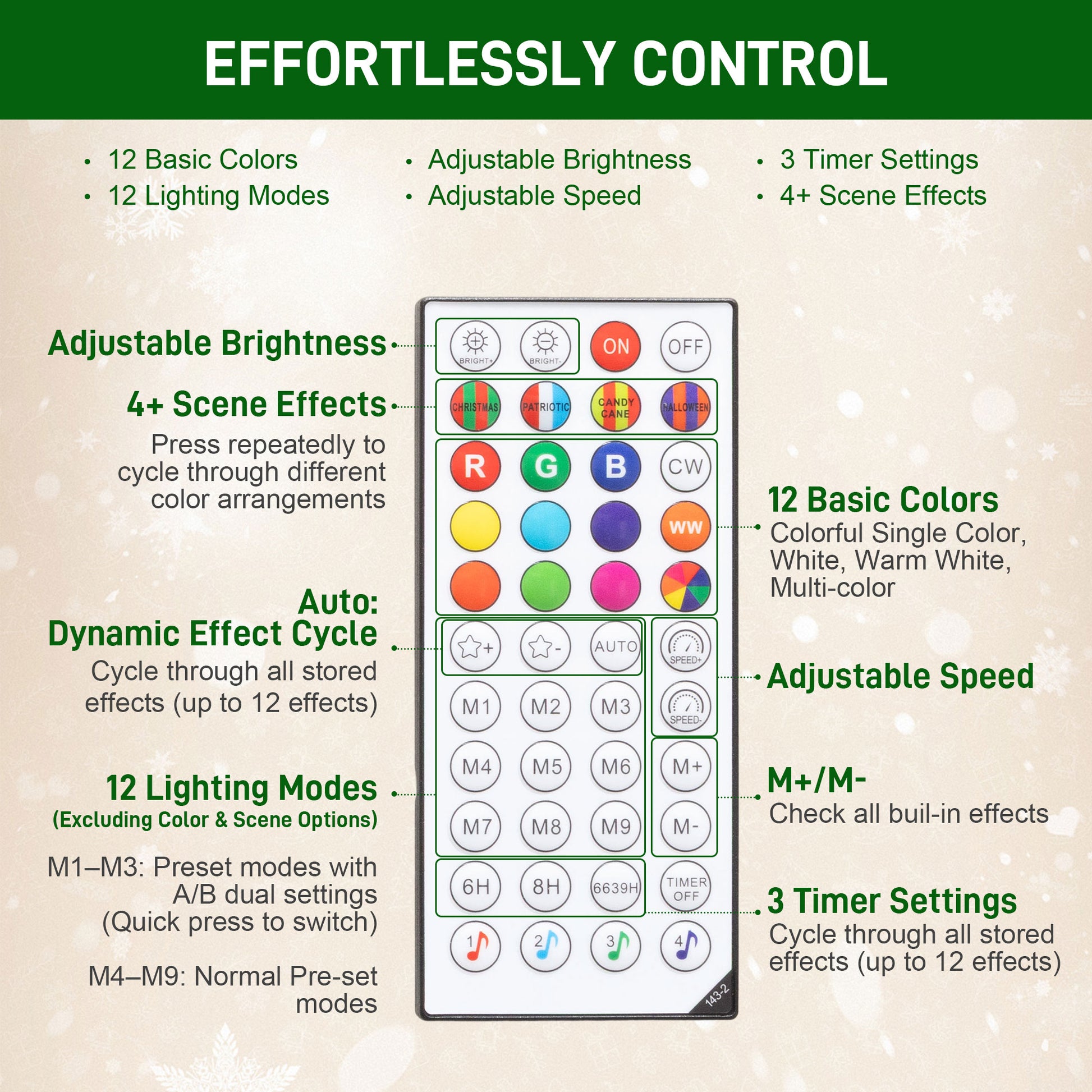 Remote control for 6ft prelit Christmas tree with 12 colors, lighting modes, brightness, speed, and timer settings