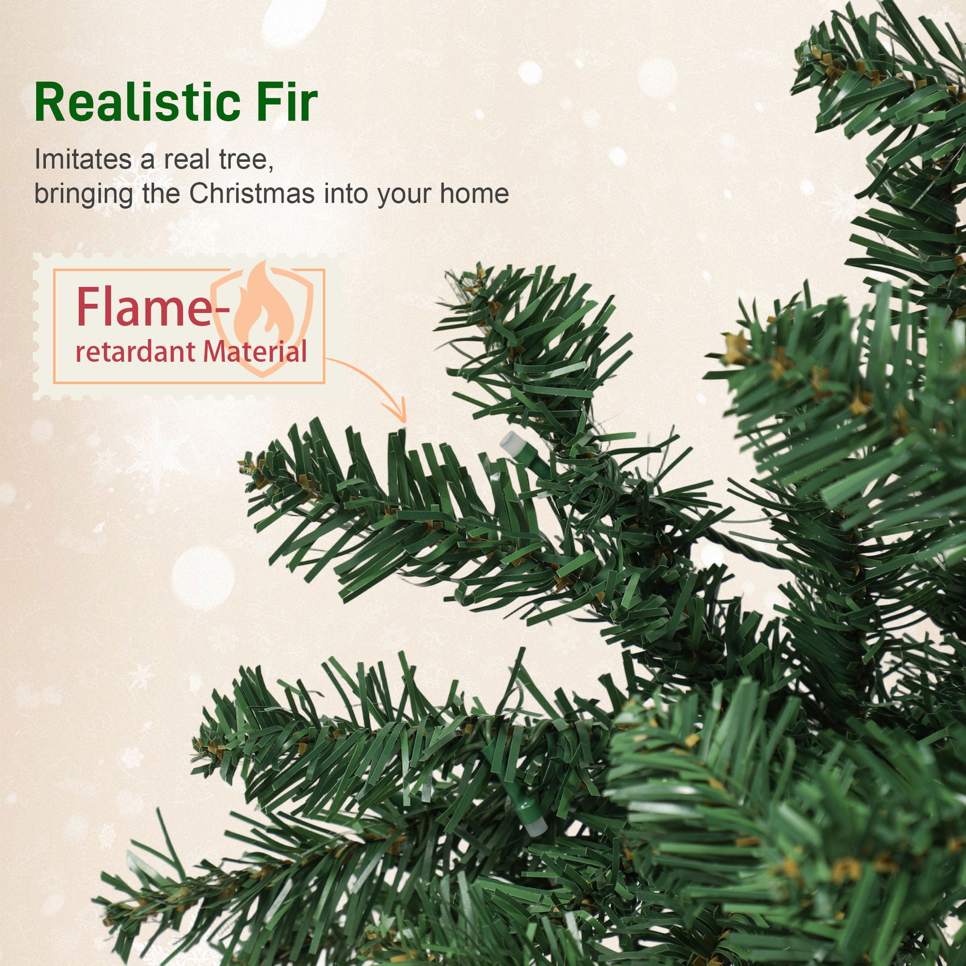 Close-up of realistic fir branches of an artificial Christmas tree with flame-retardant label