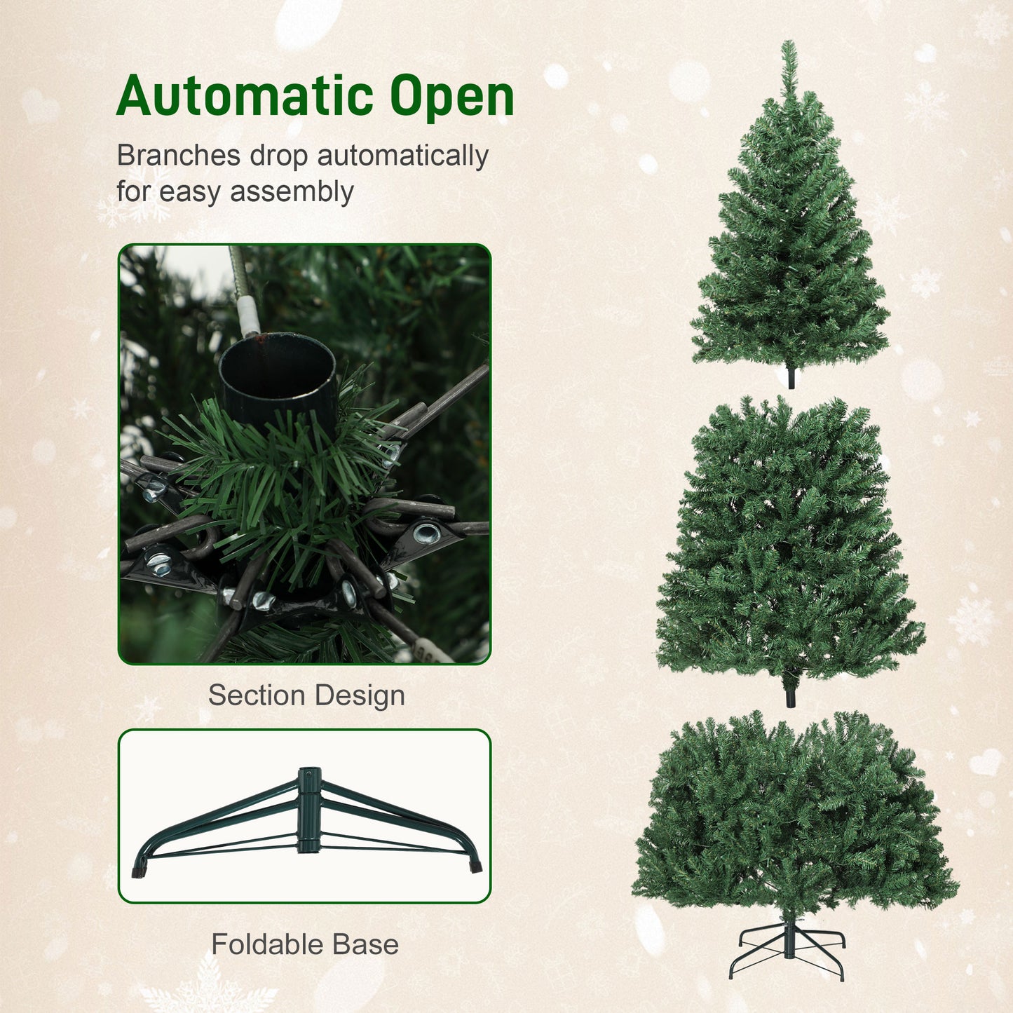 6ft artificial green Christmas tree with automatic opening branches and foldable base