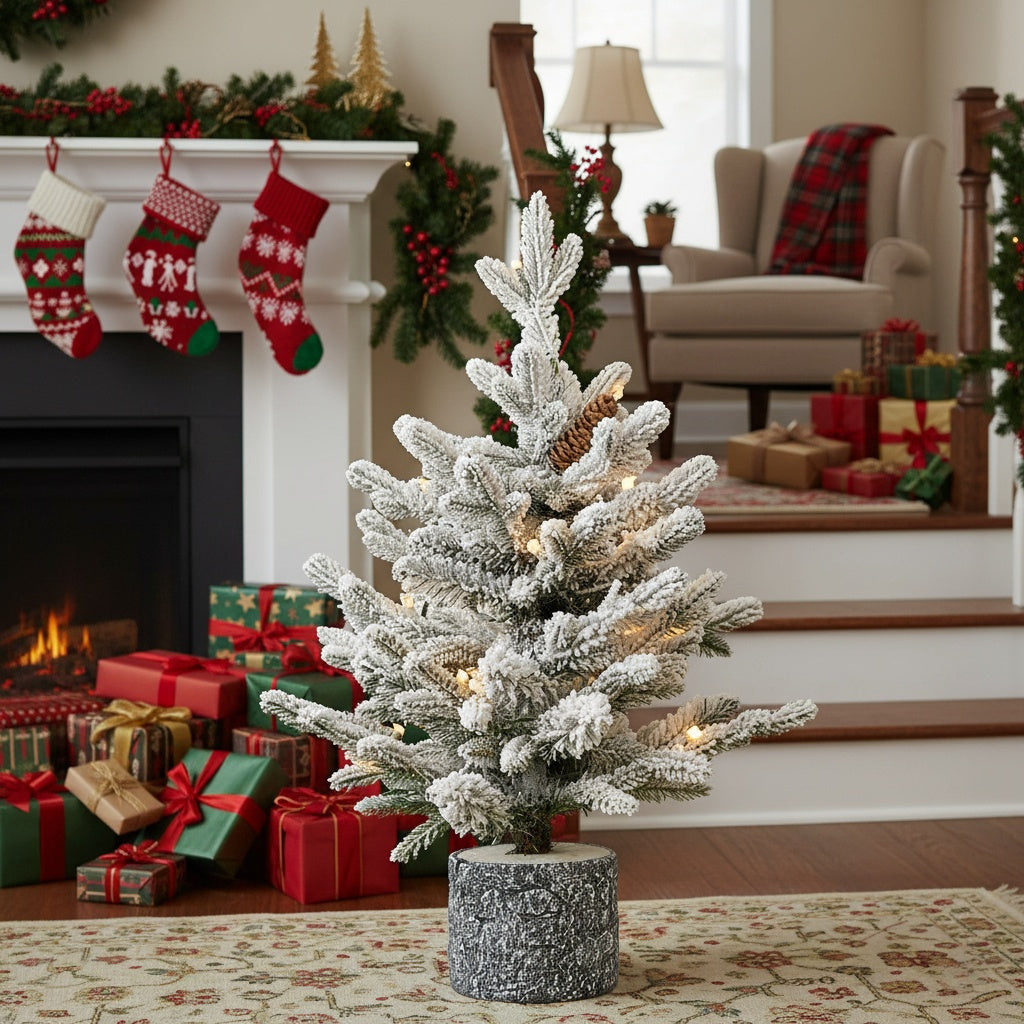 2ft flocked Christmas tree with warm white LED lights in rustic pot by decorated fireplace with stockings and gifts