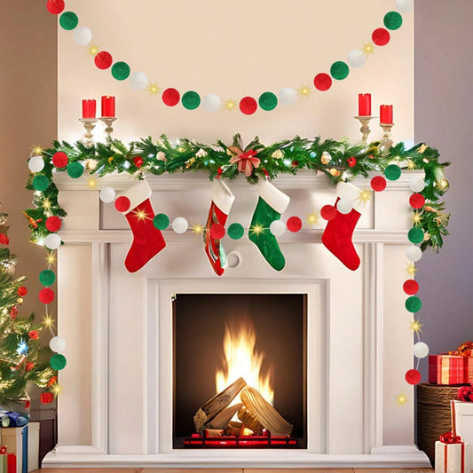 Christmas fireplace decorated with green garland, red candles, stockings, and red, green, white pom-pom garlands with lights