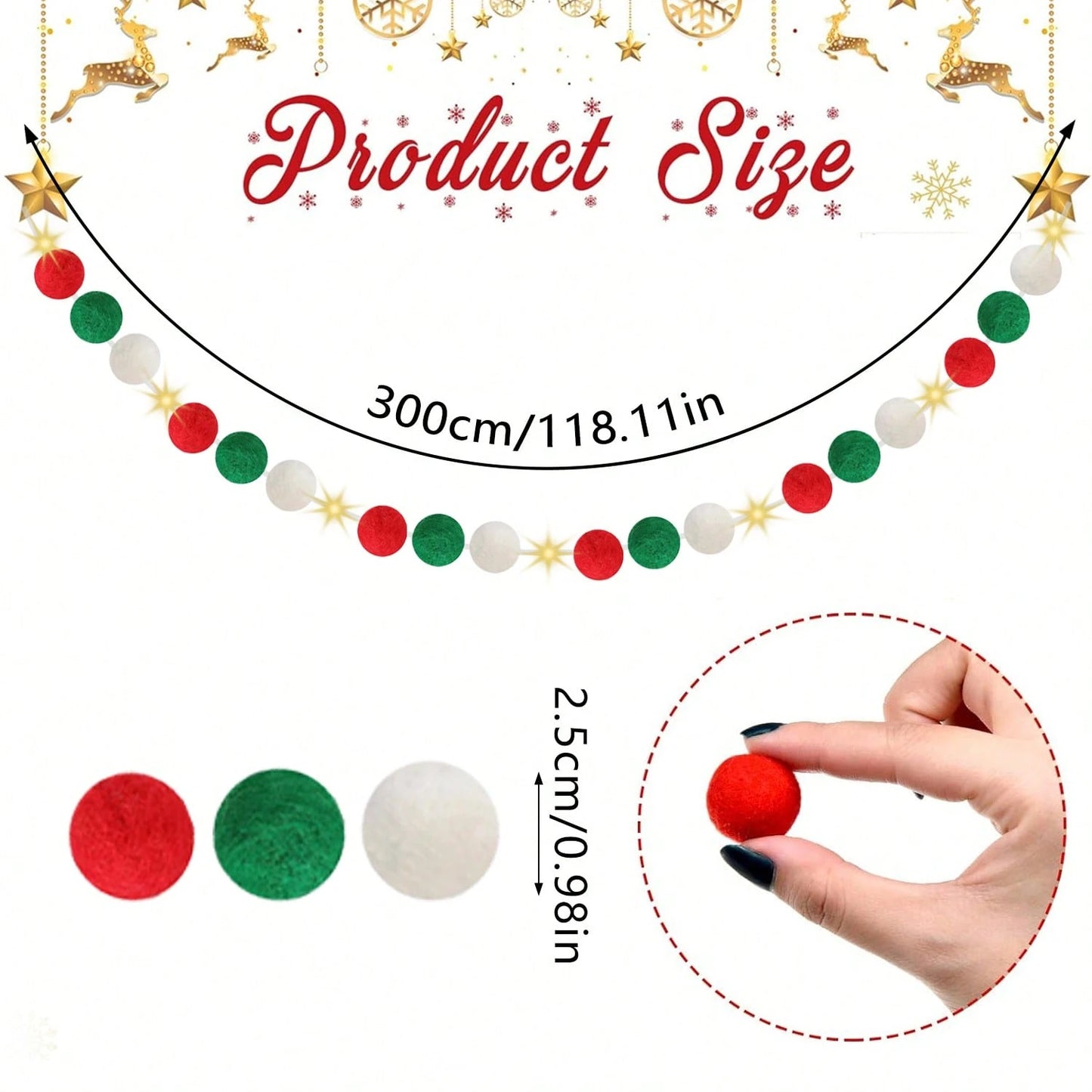 Christmas garland with red, green, and white felt pom poms, 300cm length, 2.5cm pom size