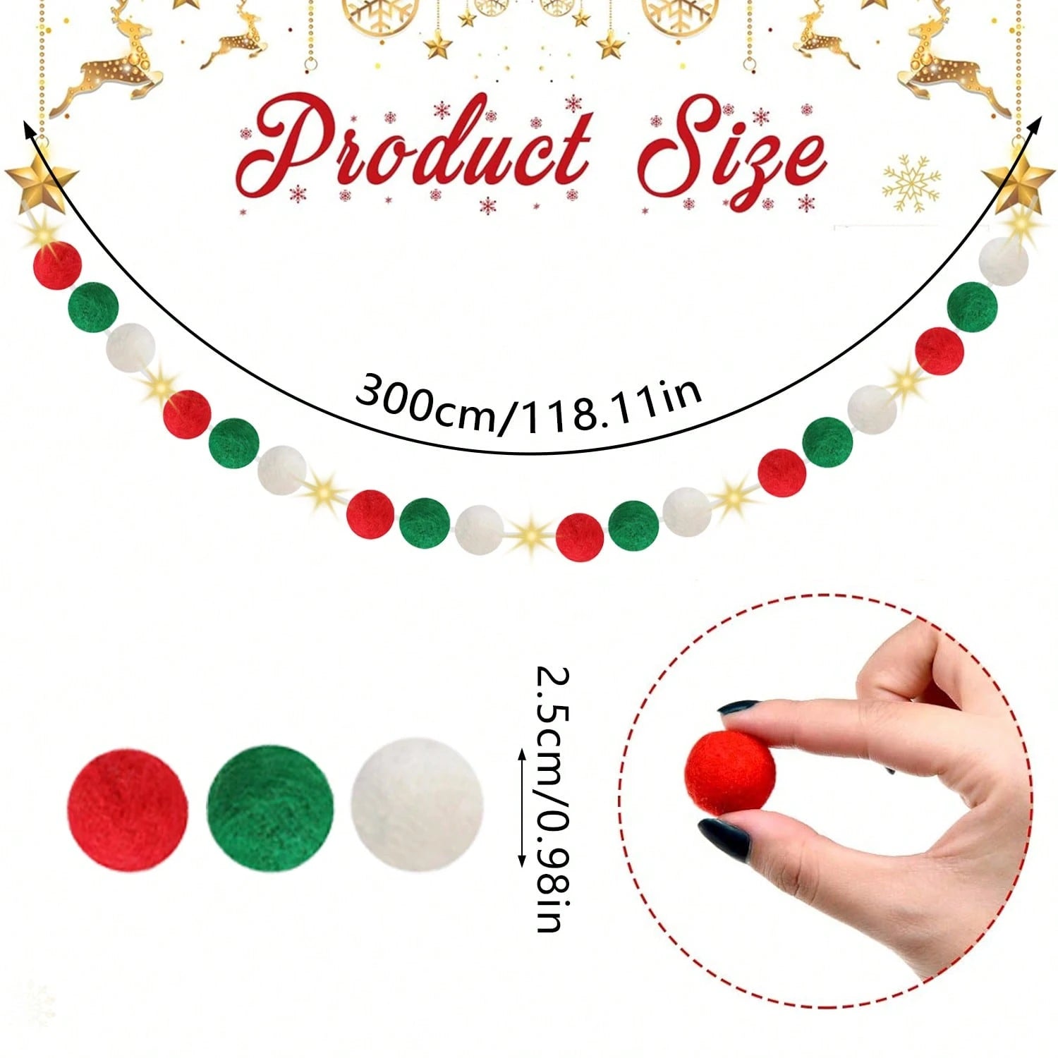 Christmas garland with red, green, and white felt pom poms, 300cm length, 2.5cm pom size