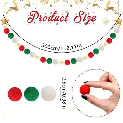 Christmas garland with red, green, and white felt pom poms, 300cm length, 2.5cm pom size