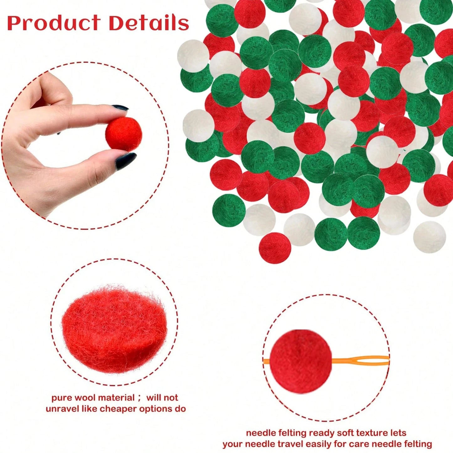 Red, green, and white pure wool felt balls for needle felting with soft texture, shown held and close-up