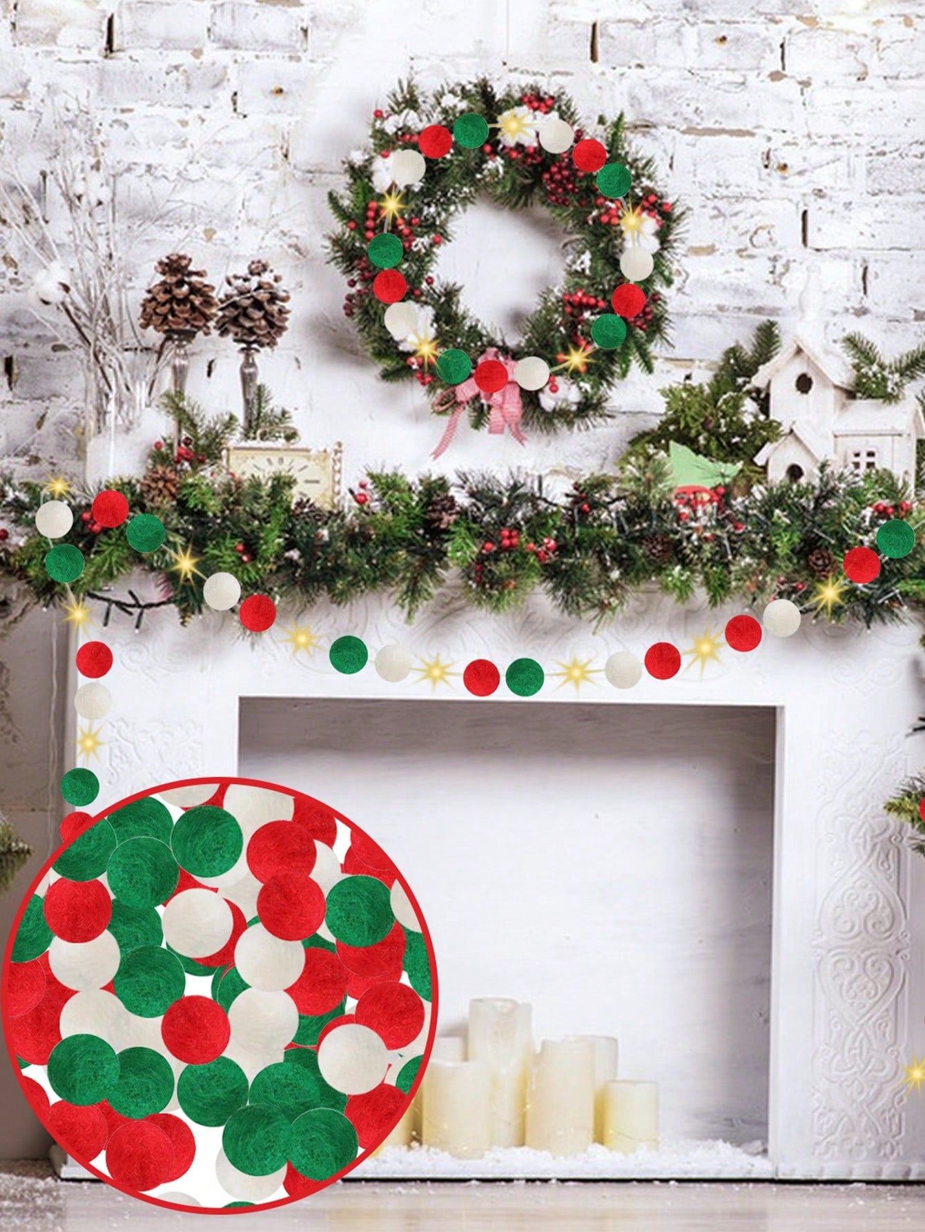 Christmas mantle decorated with pine garland, red berries, pinecones, and red, green, white pom pom string lights