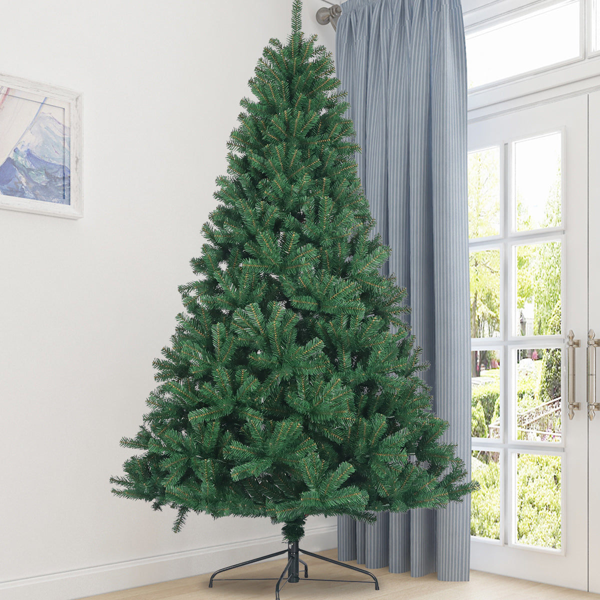 6 ft green artificial spruce Christmas tree with foldable metal stand in bright room