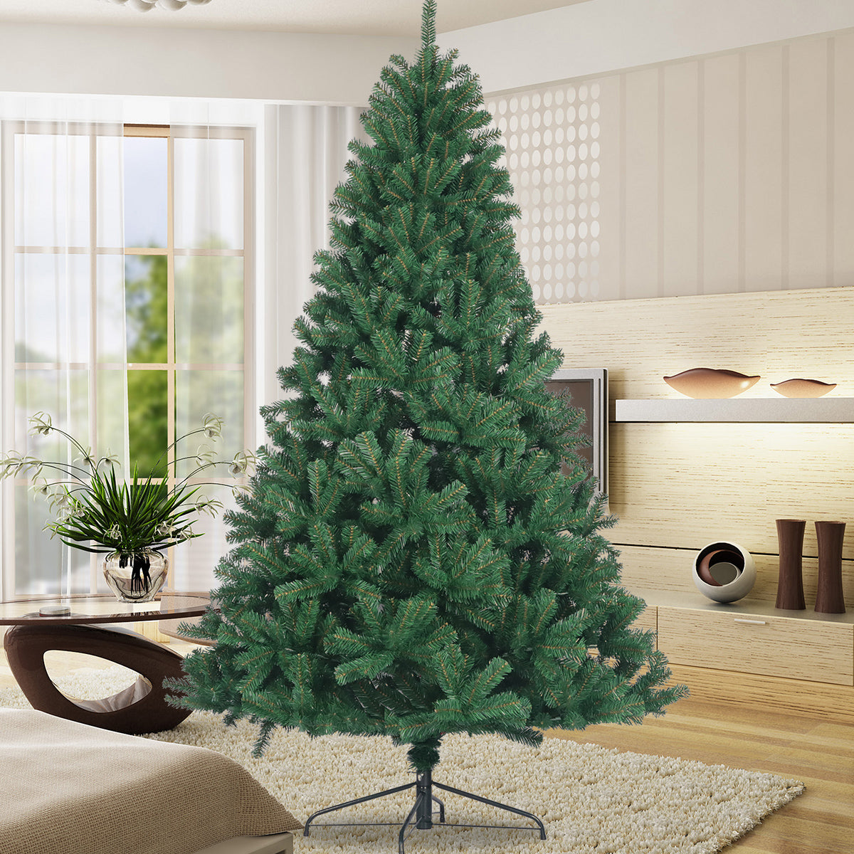 6-foot artificial spruce Christmas tree with green needles and foldable stand in modern living room