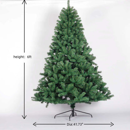 6ft green artificial spruce Christmas tree with foldable metal stand on white background