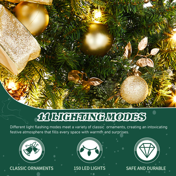 Christmas wreath decorated with gold ornaments, pine cones, and warm white LED lights