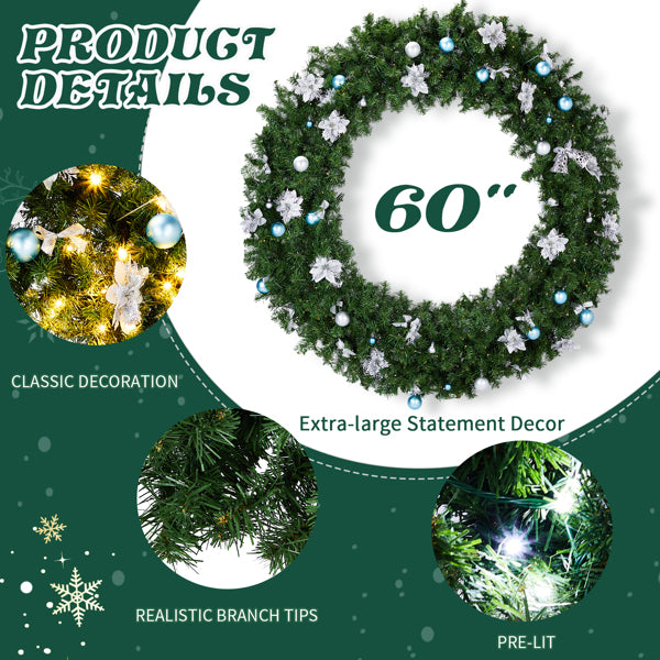 60-inch extra-large green Christmas wreath with silver poinsettias, blue ornaments, and warm and cold white pre-lit lights