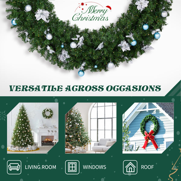 Decorative green Christmas wreath with white and blue ornaments and poinsettias, versatile for living rooms, windows, and roofs