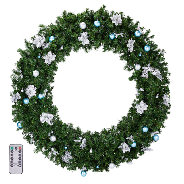 Green Christmas wreath decorated with white poinsettias and blue and silver ornaments, includes remote control